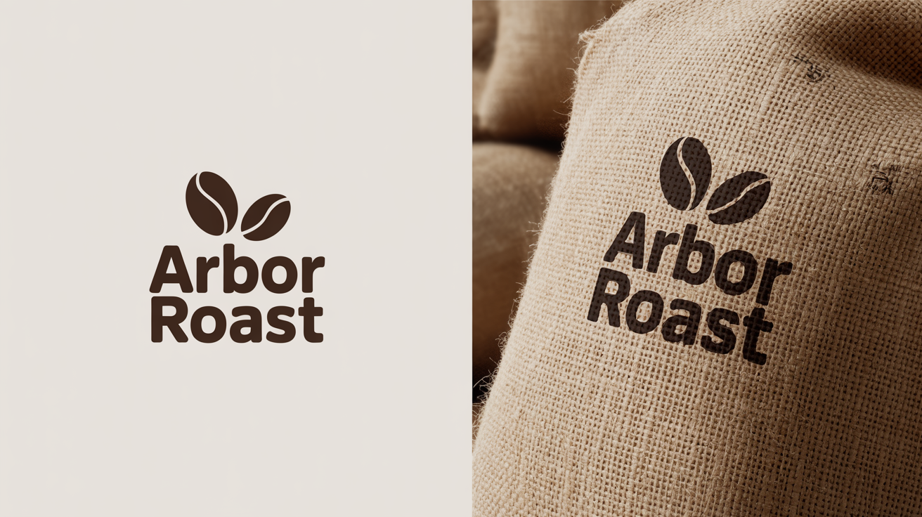 A side-by-side comparison of a logo for a fictional brand 'ARBOR ROAST'. The left logo is a flat, dark brown design. The right logo is identical but has a realistic, coarse burlap texture applied to it, demonstrating a texture effect.