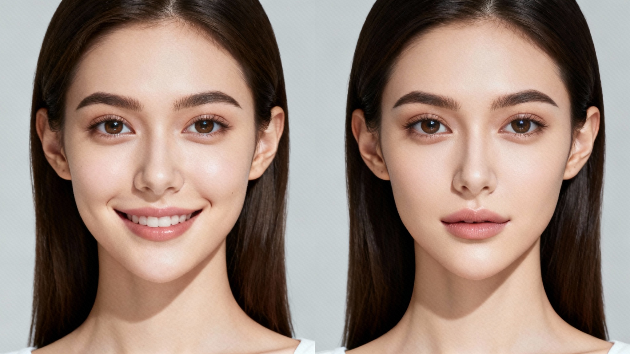 A split-screen, before-and-after comparison image showing the result of a face slimming tool. On the left, a woman's natural face. On the right, the same woman's face is subtly slimmer with a more defined jawline.