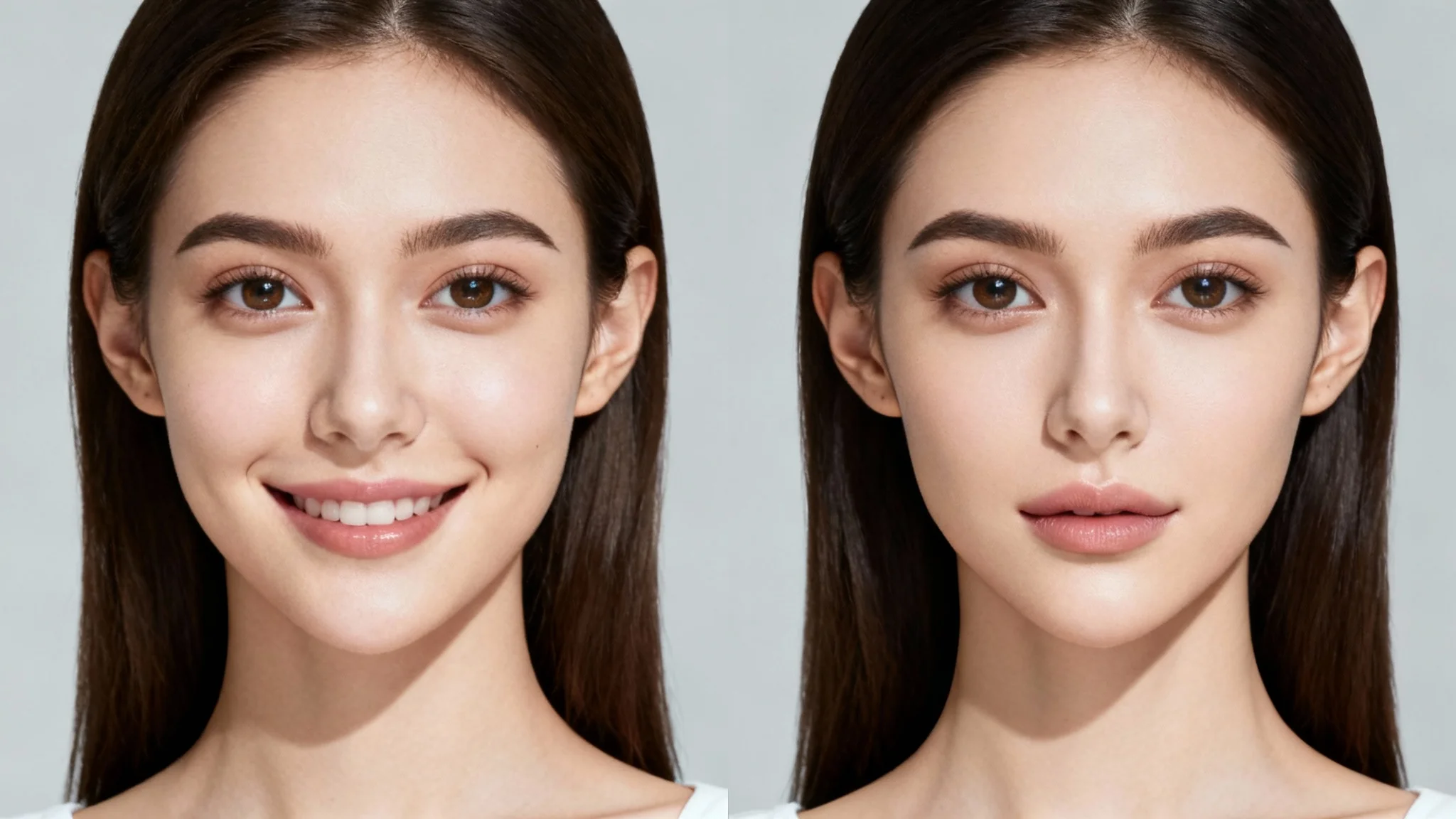 A split-screen, before-and-after comparison image showing the result of a face slimming tool. On the left, a woman's natural face. On the right, the same woman's face is subtly slimmer with a more defined jawline.