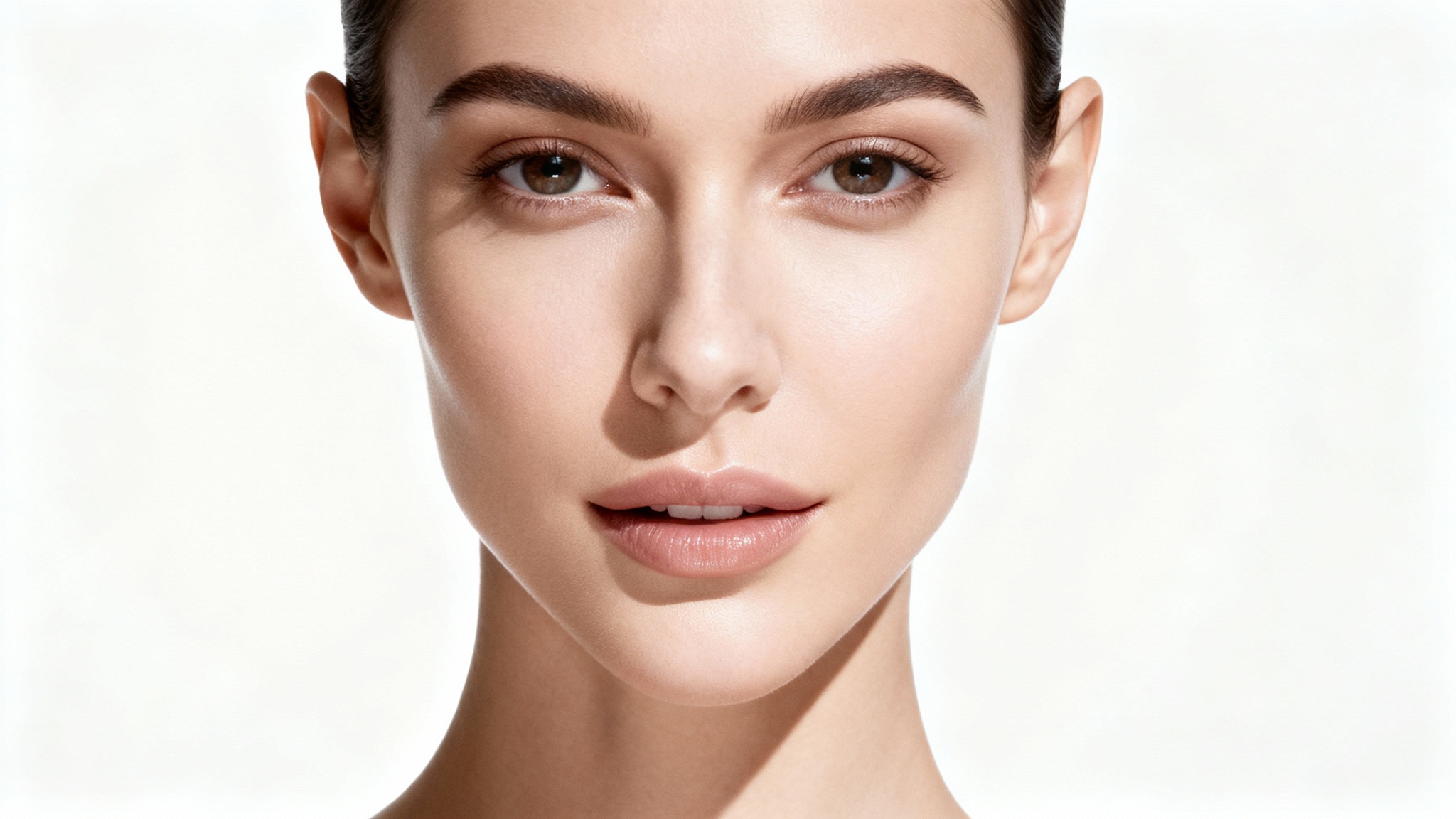 A photorealistic close-up of a woman's face, showcasing a slim, sculpted jawline and high cheekbones against a solid white background, embodying a beauty and cosmetic aesthetic.