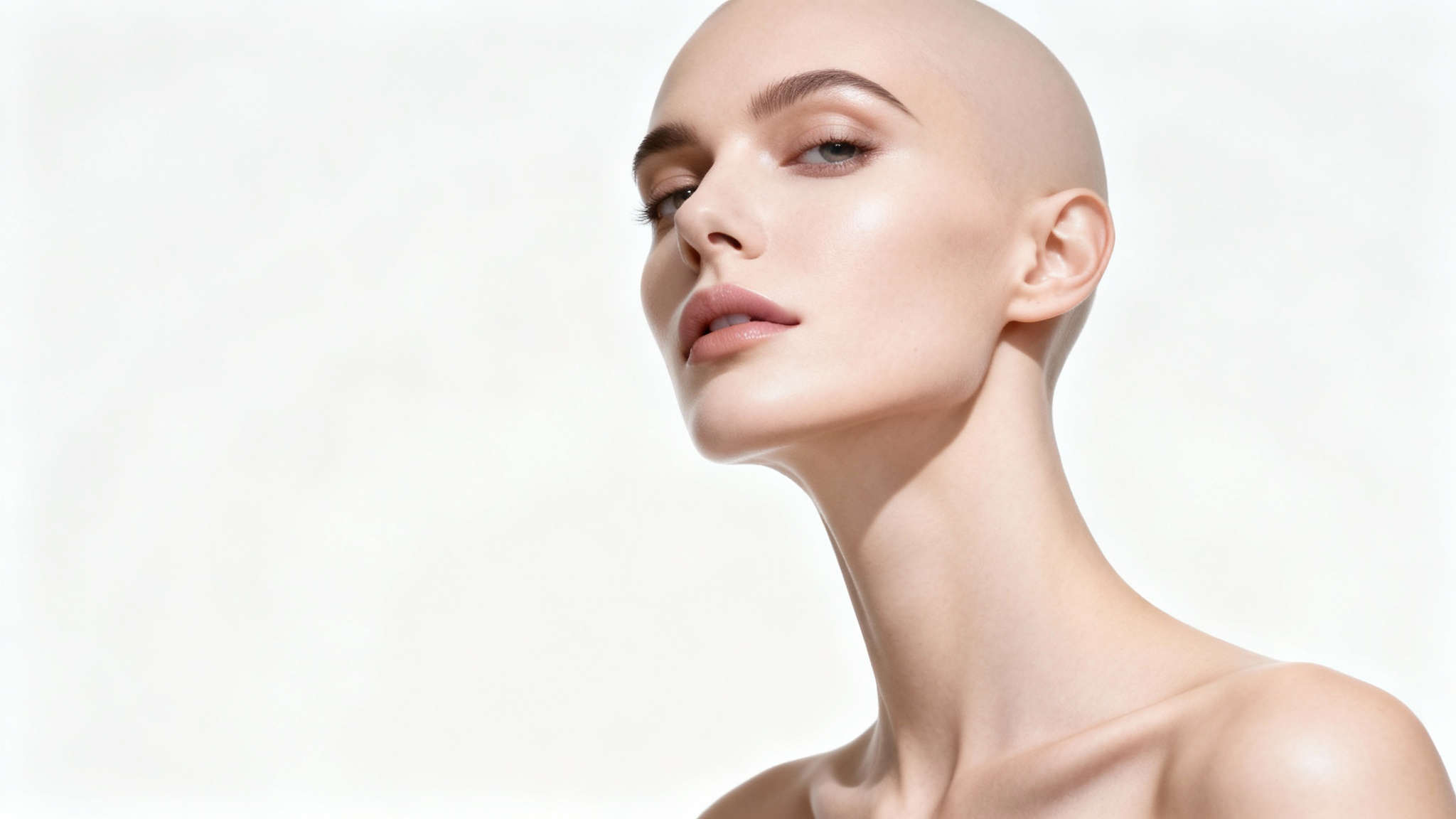 A close-up beauty portrait of a woman with a slim, well-defined face and a sharp jawline, smiling serenely against a plain white background.