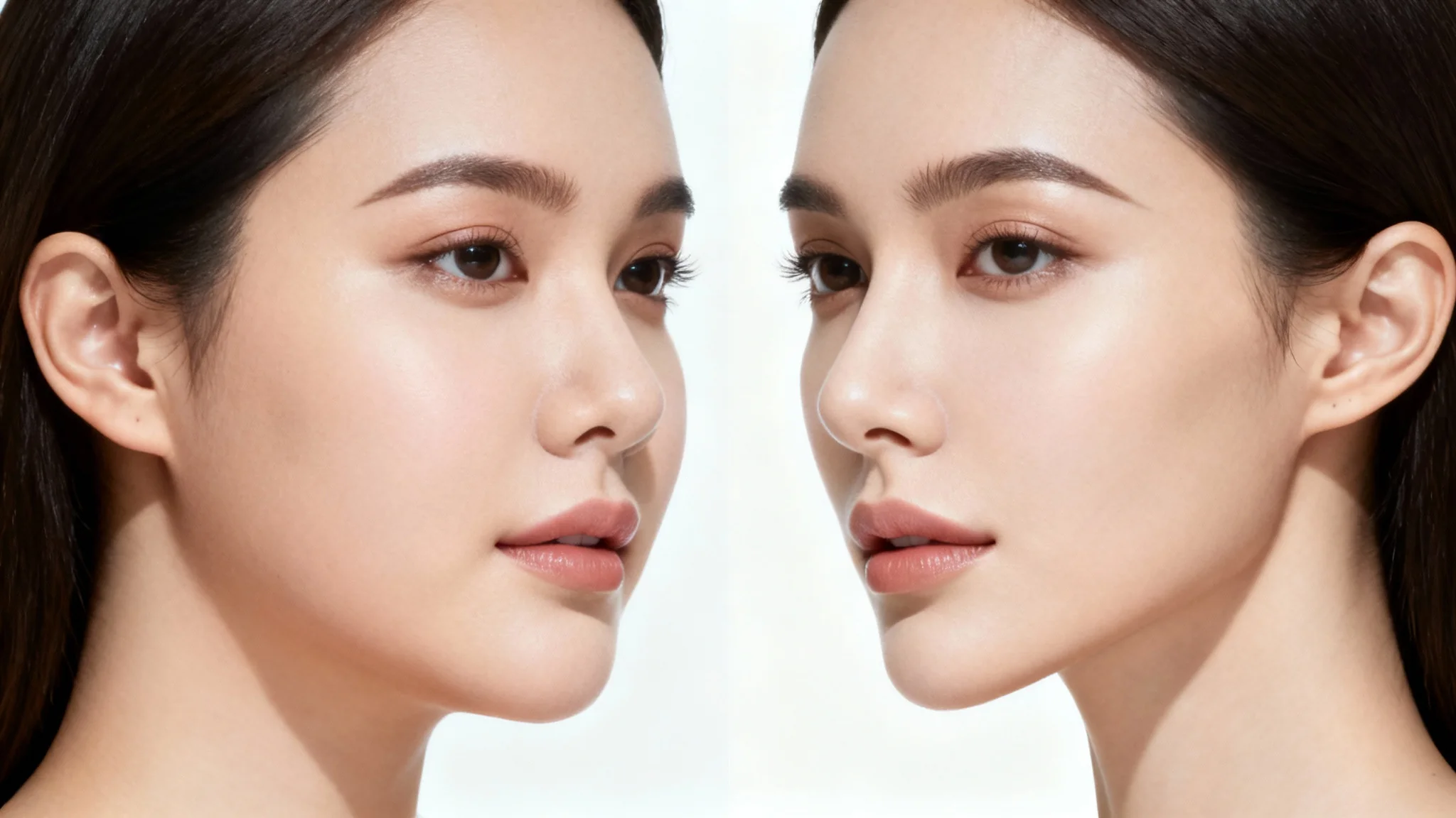 A before-and-after comparison image showing a woman's face. The left side displays softer, fuller facial features, while the right side shows a visibly slimmer face with a more defined jawline and cheekbones.