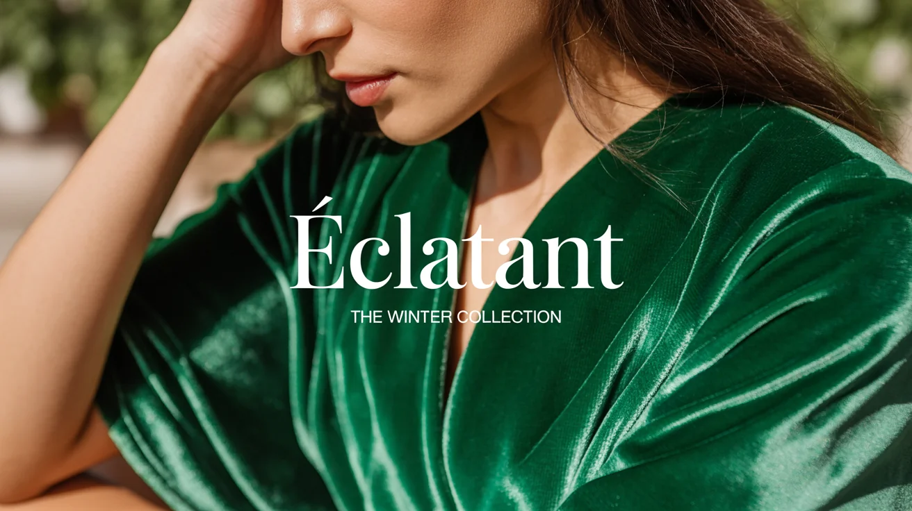 An elegant advertisement design featuring the word 'Éclatant' in white text over a luxurious, photorealistic background of emerald green velvet fabric, representing a final design output.