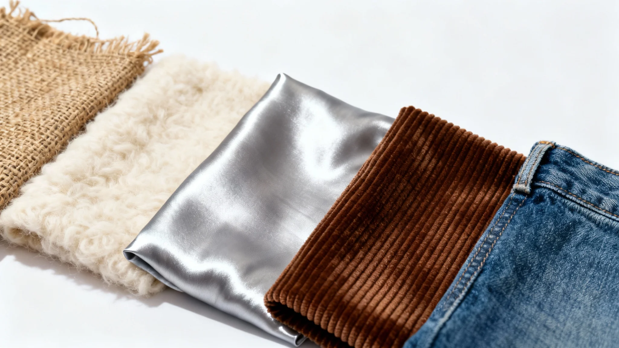 A top-down view of several different fabric samples, including wool, silk, burlap, and denim, laid out on a white surface to showcase their distinct textures.