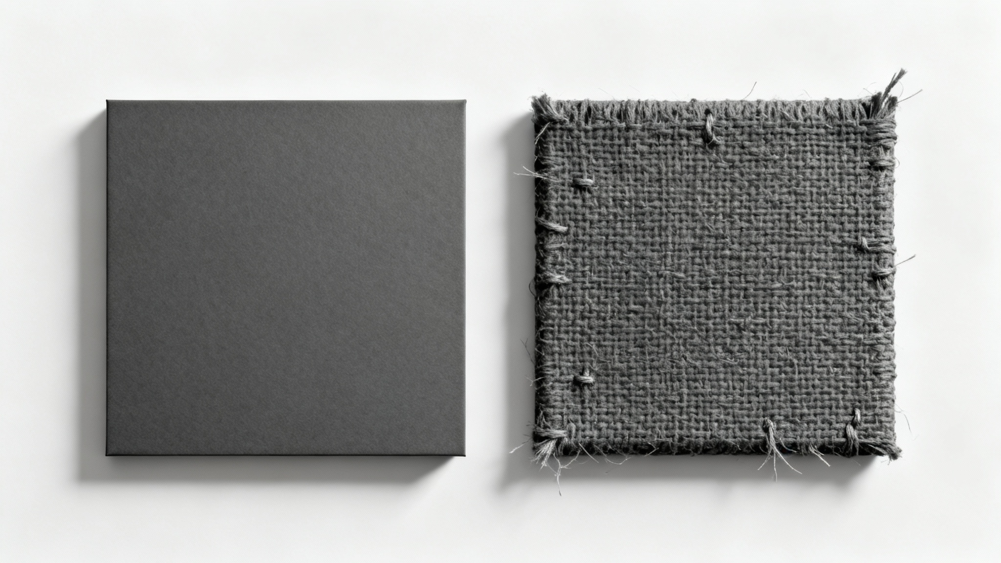 Two squares side-by-side on a white background; the left square is smooth and grey, while the right square has a realistic burlap fabric texture, demonstrating a before-and-after effect.