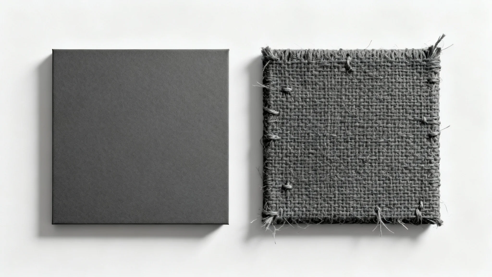 Two squares side-by-side on a white background; the left square is smooth and grey, while the right square has a realistic burlap fabric texture, demonstrating a before-and-after effect.