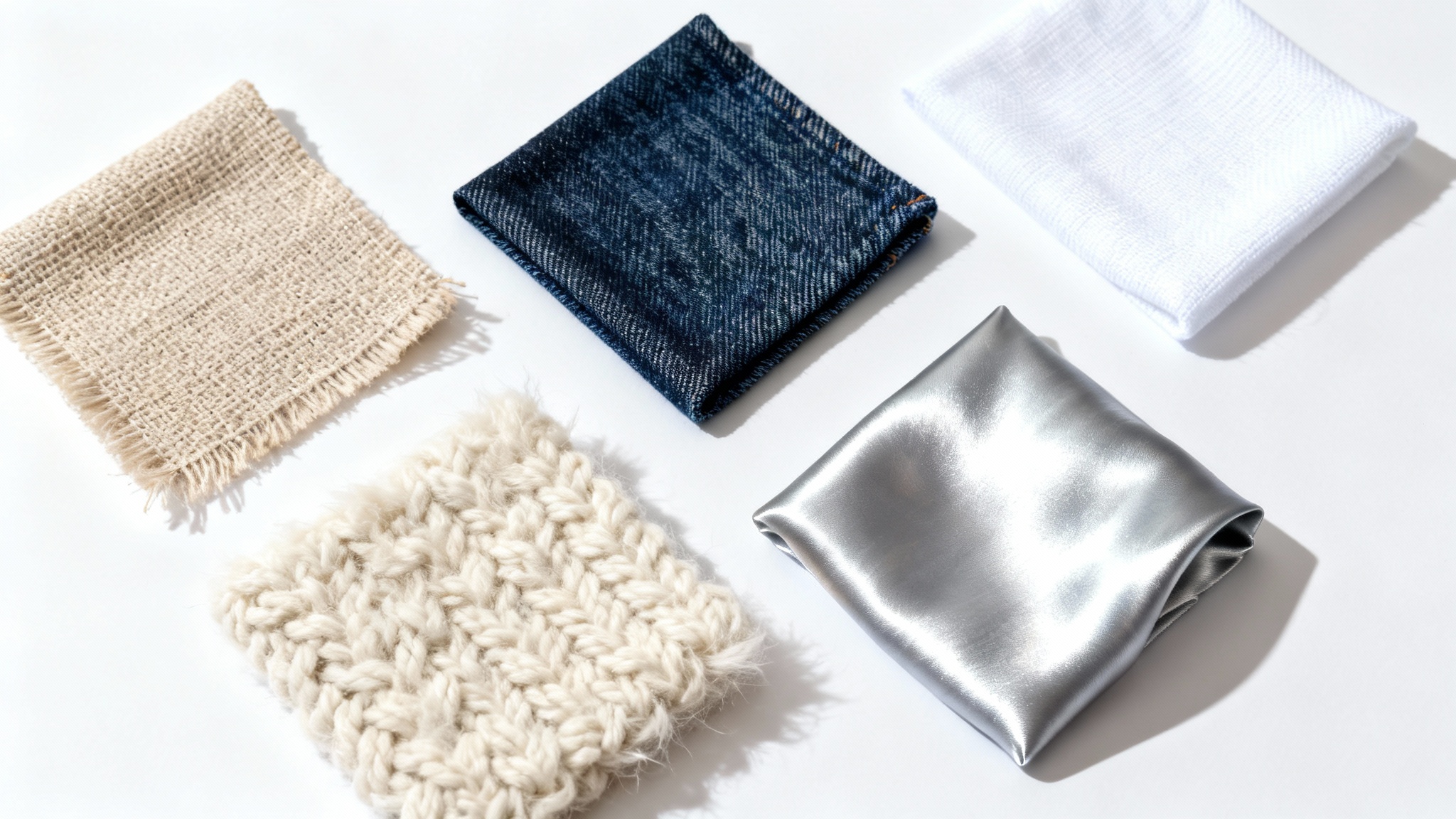 An overhead, detailed photograph of several different fabric swatches, including linen, denim, wool, and silk, arranged neatly on a white surface to highlight their unique textures.