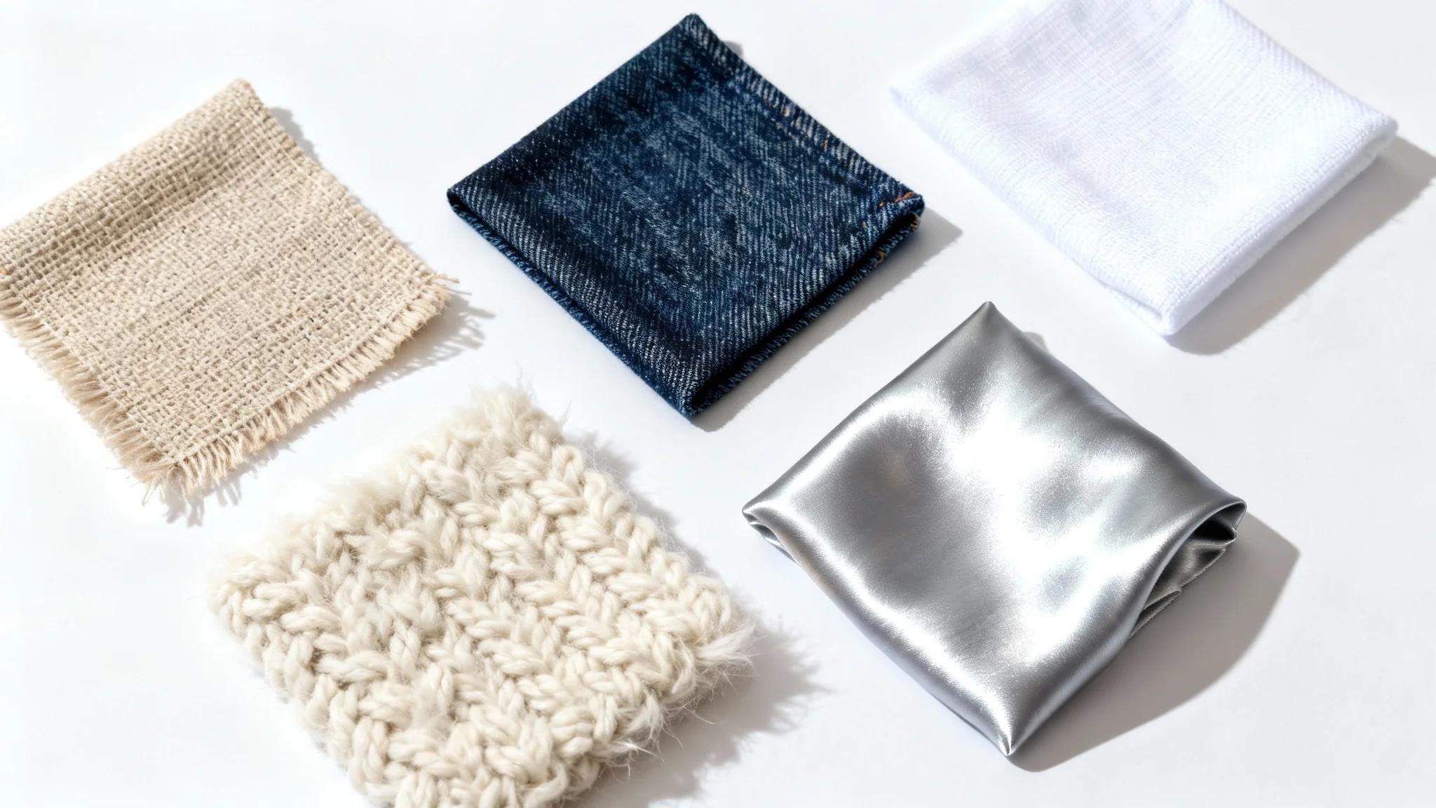 An overhead, detailed photograph of several different fabric swatches, including linen, denim, wool, and silk, arranged neatly on a white surface to highlight their unique textures.