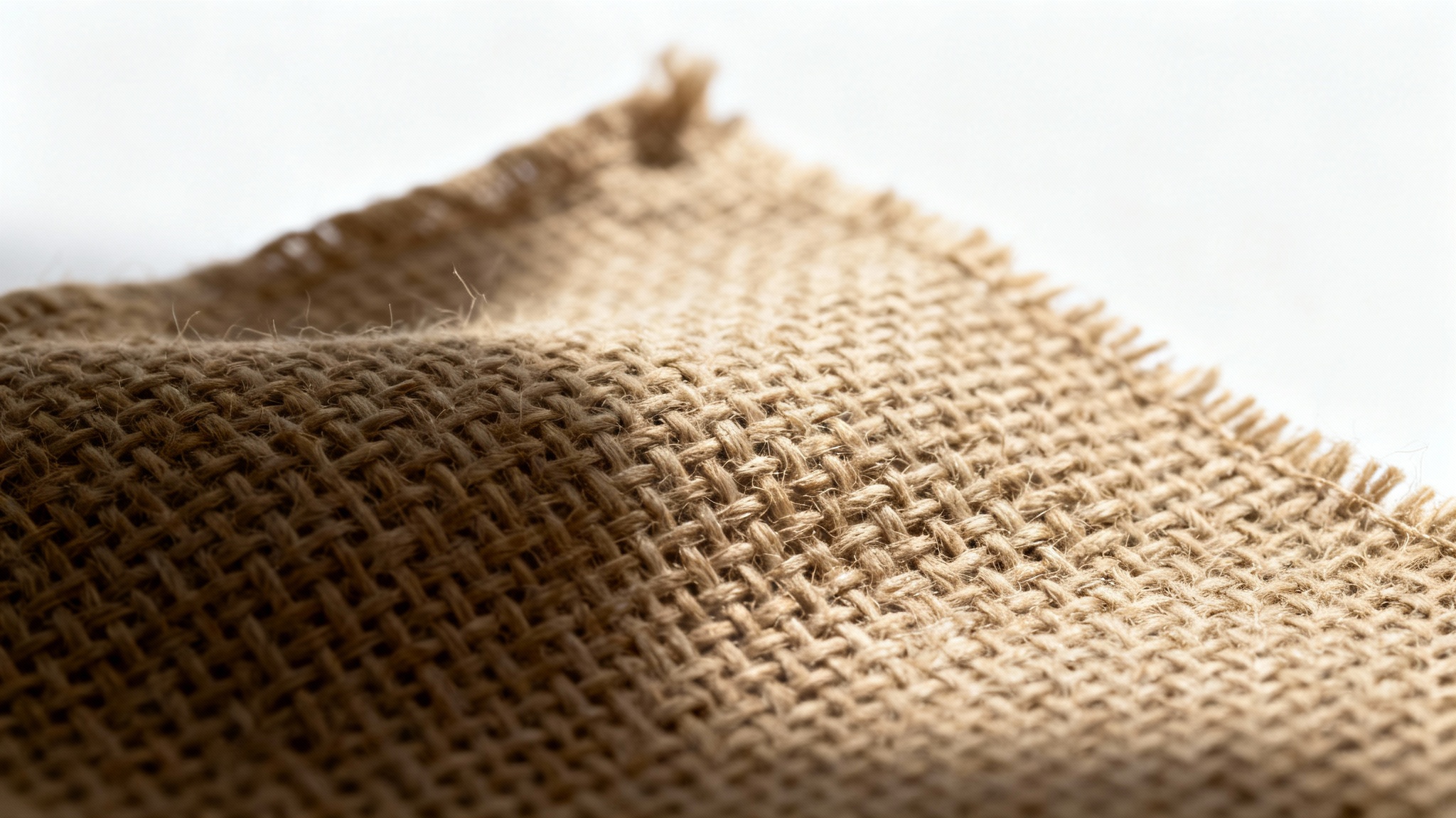 A close-up, macro shot of a beige woven fabric, with dramatic side-lighting that emphasizes its detailed, tactile texture against a plain white background.