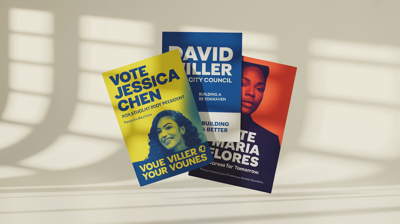 A mockup of three different election campaign posters—one for a school election, one for a local city council, and one for a political campaign—arranged on a white background.