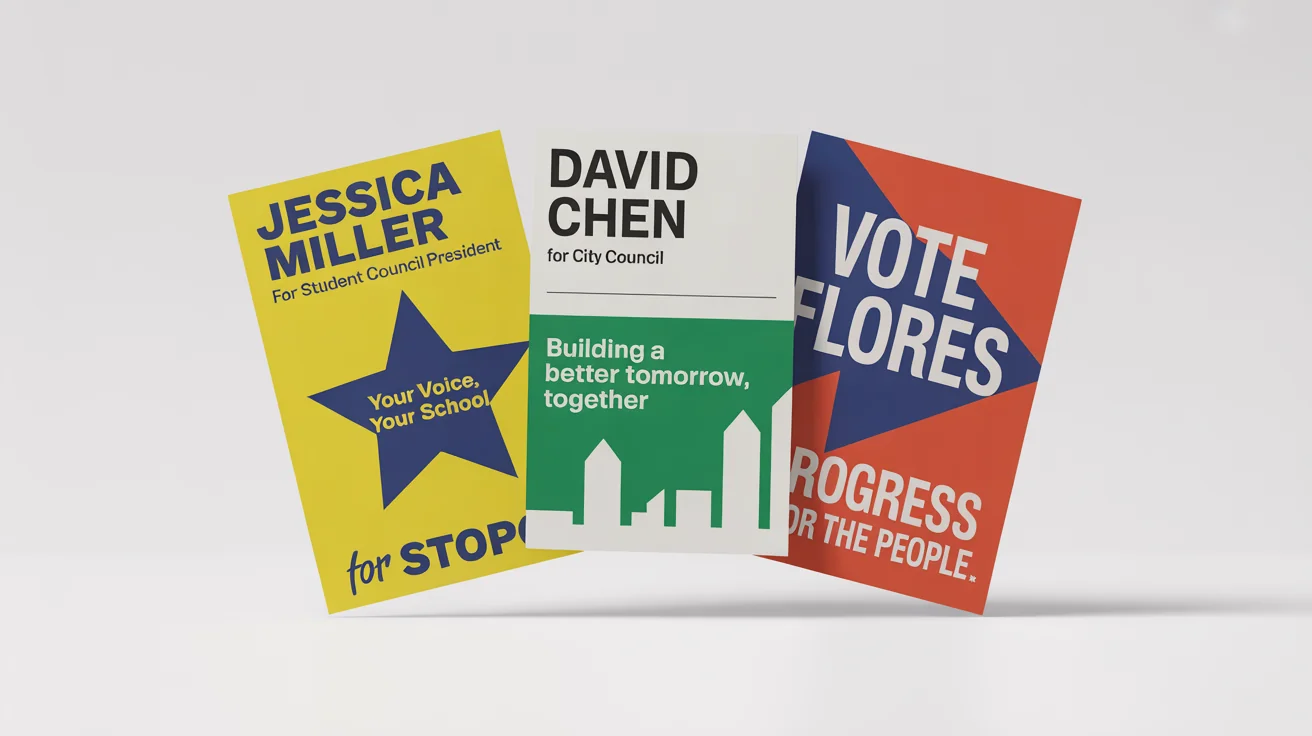 A mockup of three different election campaign posters against a white background. One is a yellow and blue school election poster for 'Jessica Miller', another is a green and white local election poster for 'David Chen', and the third is a red and blue political poster for 'Flores'.