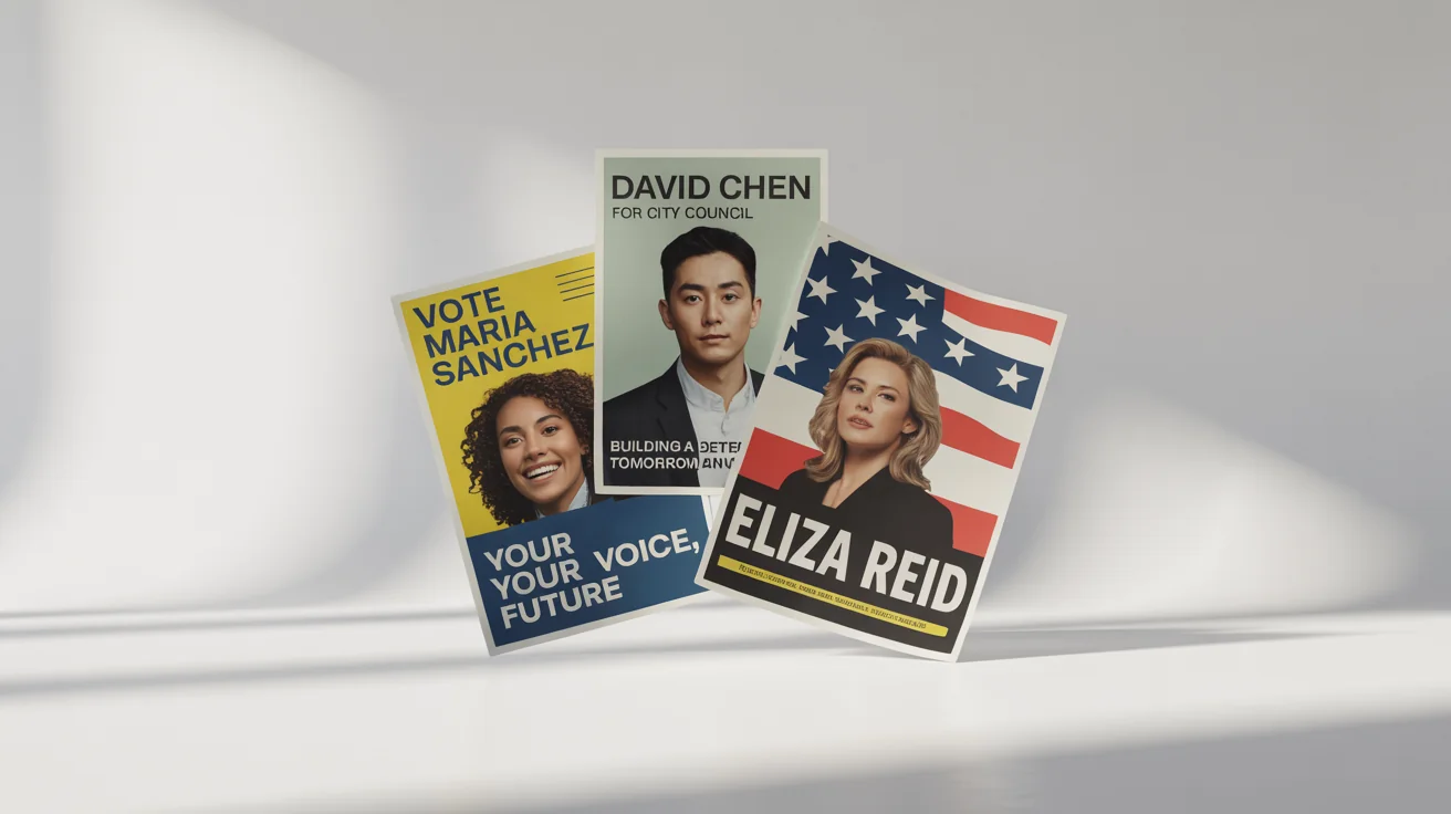 A collection of three professionally designed election campaign posters for school, local, and city council elections, displayed on a clean white background.