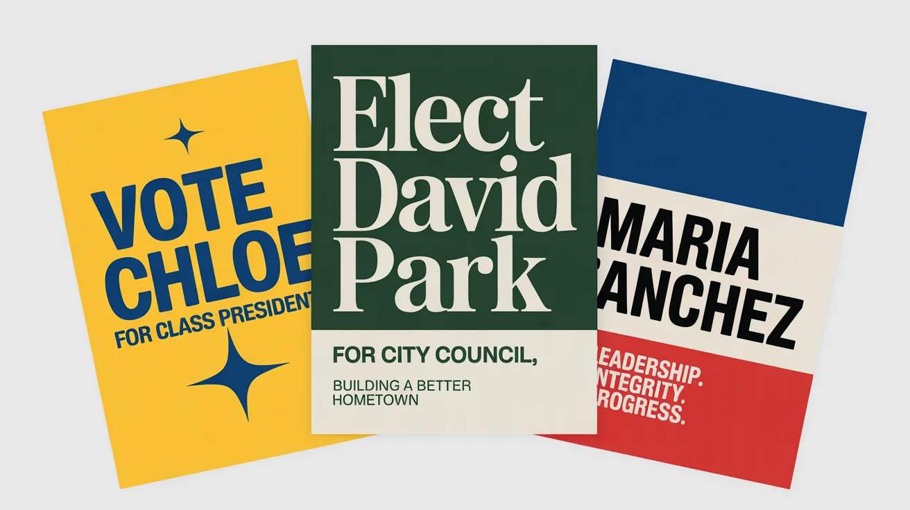 A mockup of three overlapping election posters on a white background. One is a yellow and blue poster for a student president campaign. The second is a green and cream poster for a city council campaign. The third is a red, white, and blue poster for a political campaign.
