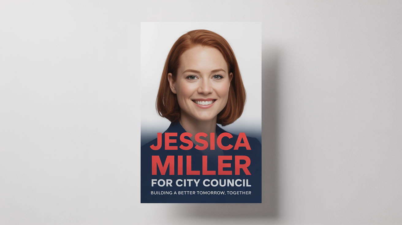 A professionally designed election campaign poster mockup for a fictional candidate named 'Jessica Miller' for 'City Council', featuring a patriotic color scheme and set against a clean white background.