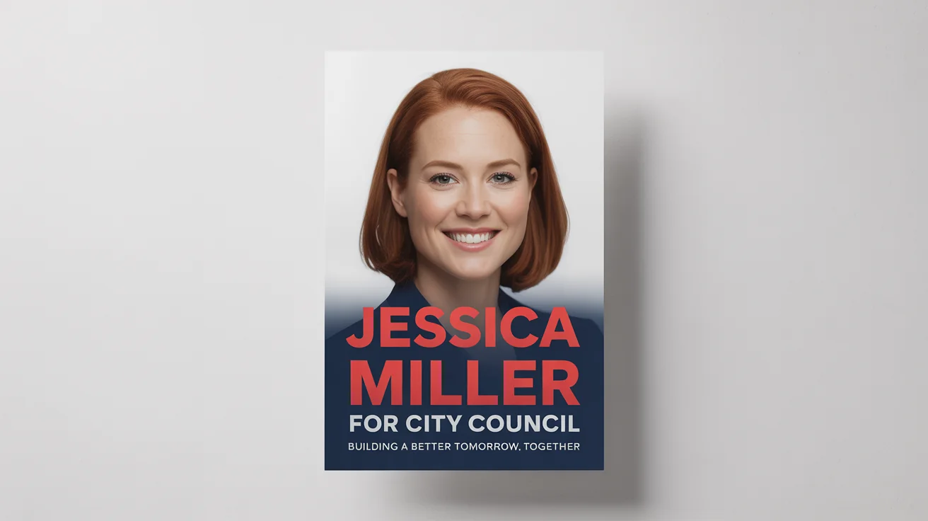 A professionally designed election campaign poster mockup for a fictional candidate named 'Jessica Miller' for 'City Council', featuring a patriotic color scheme and set against a clean white background.
