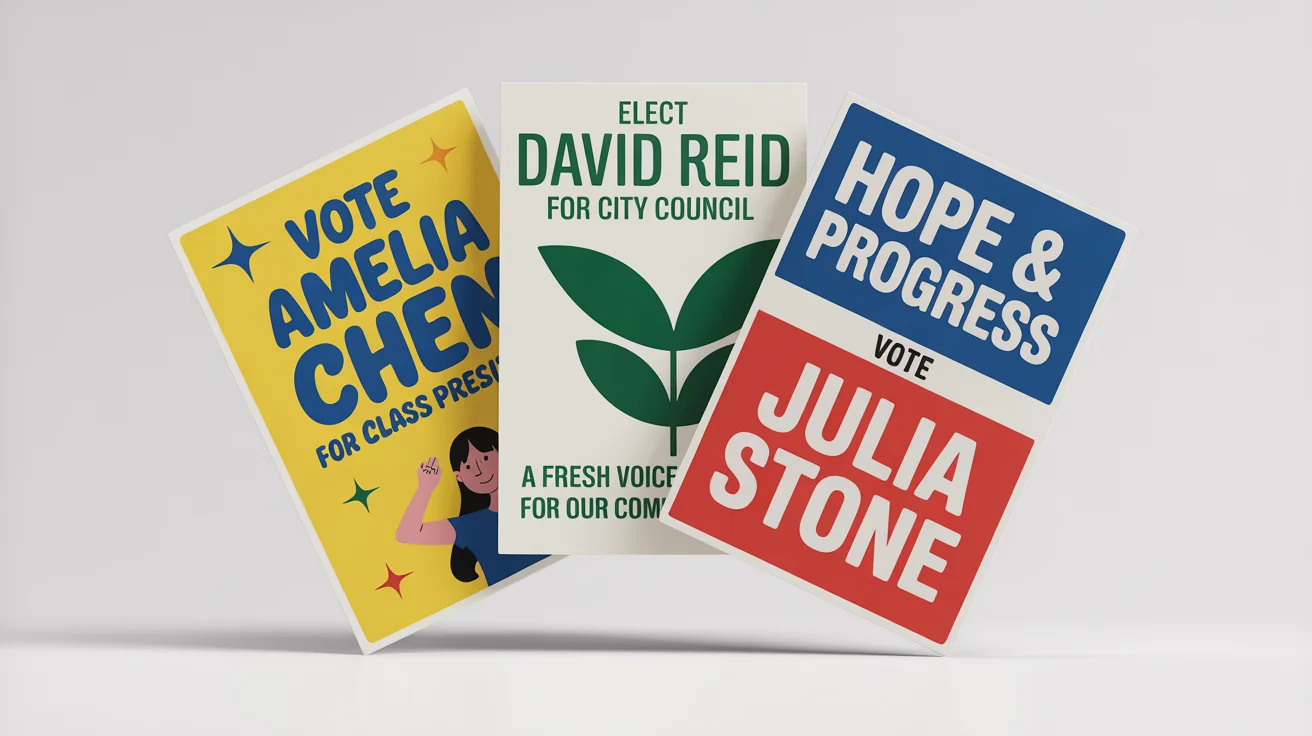 A clean mockup showing three overlapping election campaign posters: a yellow one for 'AMELIA CHEN' for Class President, a green one for 'DAVID REID' for City Council, and a red, white, and blue one for 'JULIA STONE' promoting 'HOPE & PROGRESS'.