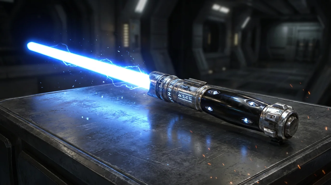 A detailed concept art piece of a single, elegant lightsaber ignited with a glowing blue blade, resting on a dark metallic surface in a sci-fi setting.