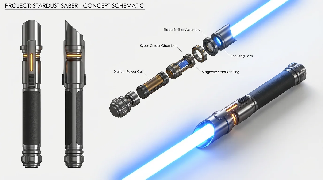 A piece of concept art showcasing the design of a sci-fi lightsaber, with multiple views of the hilt and an ignited blue blade, all on a clean white background.