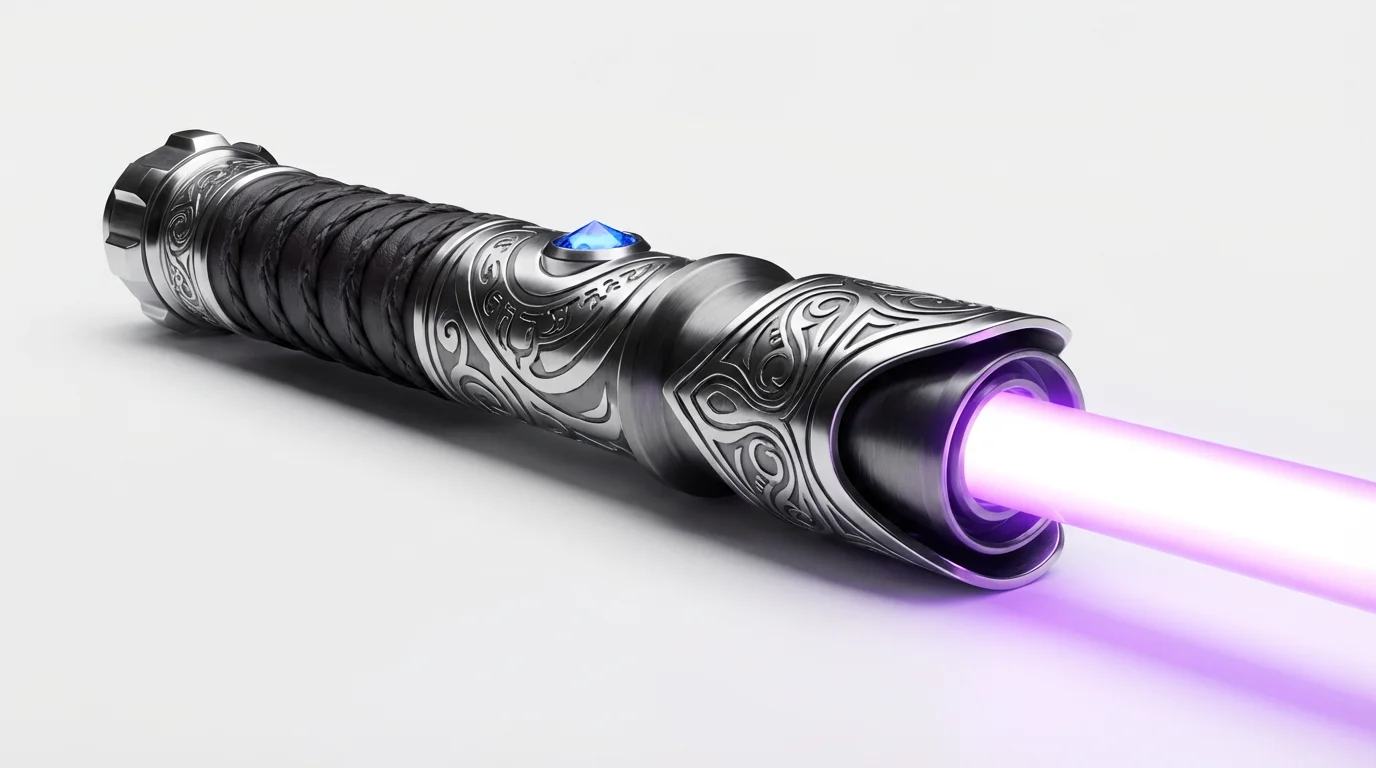 Detailed concept art of an elegant lightsaber with a silver and gunmetal hilt and a glowing purple blade, presented on a clean white background.