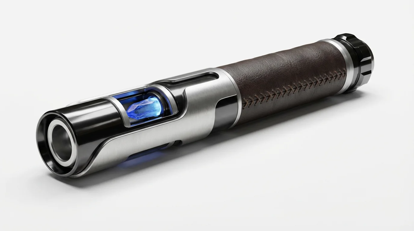 A photorealistic piece of concept art showing a custom lightsaber hilt with black metal, silver accents, and a leather grip, displayed on a plain white background.