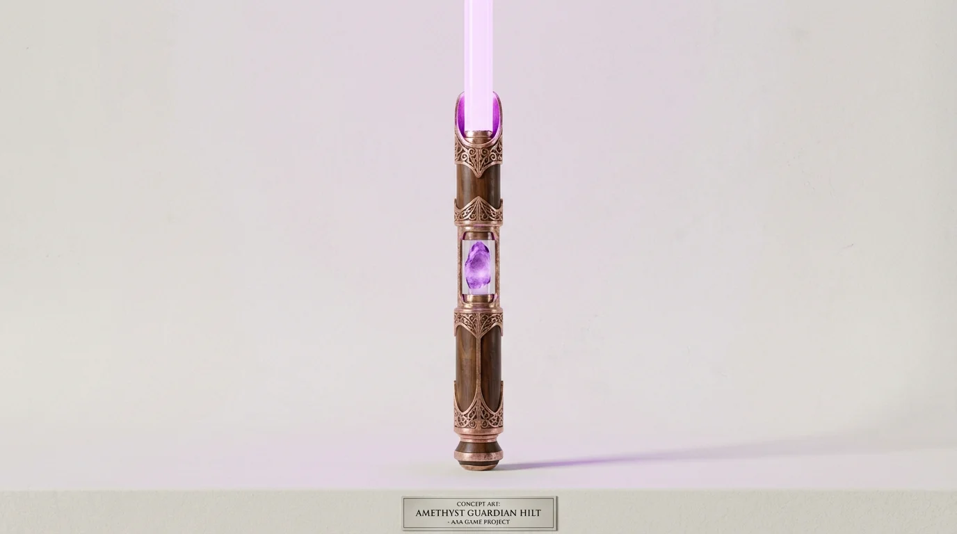 A detailed concept art illustration of an elegant, custom lightsaber with a dark wood and rose-gold hilt, casting a soft glow from its vibrant purple blade against a white background.