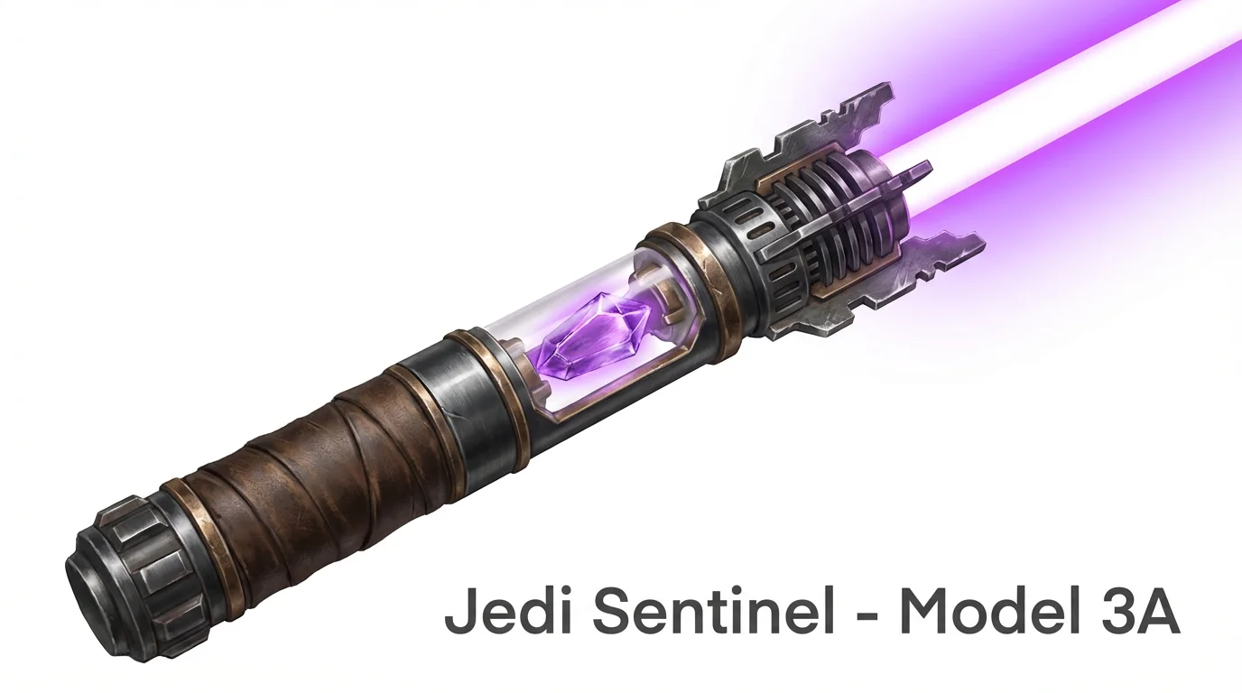 A detailed concept art illustration of a unique lightsaber with a dark metal hilt, leather grip, and a glowing purple blade, set against a plain white background.