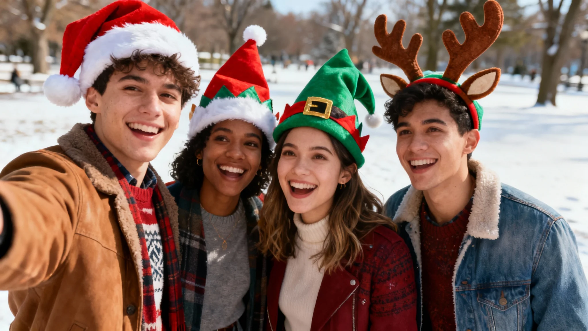 A high-quality photo of a group of friends taking a selfie in the snow, each wearing a perfectly and realistically added digital Christmas hat or antlers, demonstrating the output of a design tool.