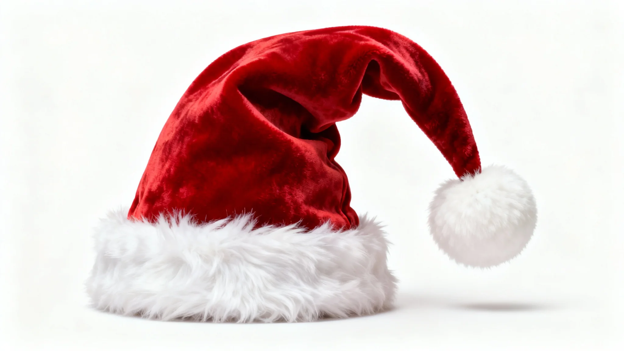 A close-up, photorealistic shot of a plush red and white Christmas hat isolated against a clean white background.