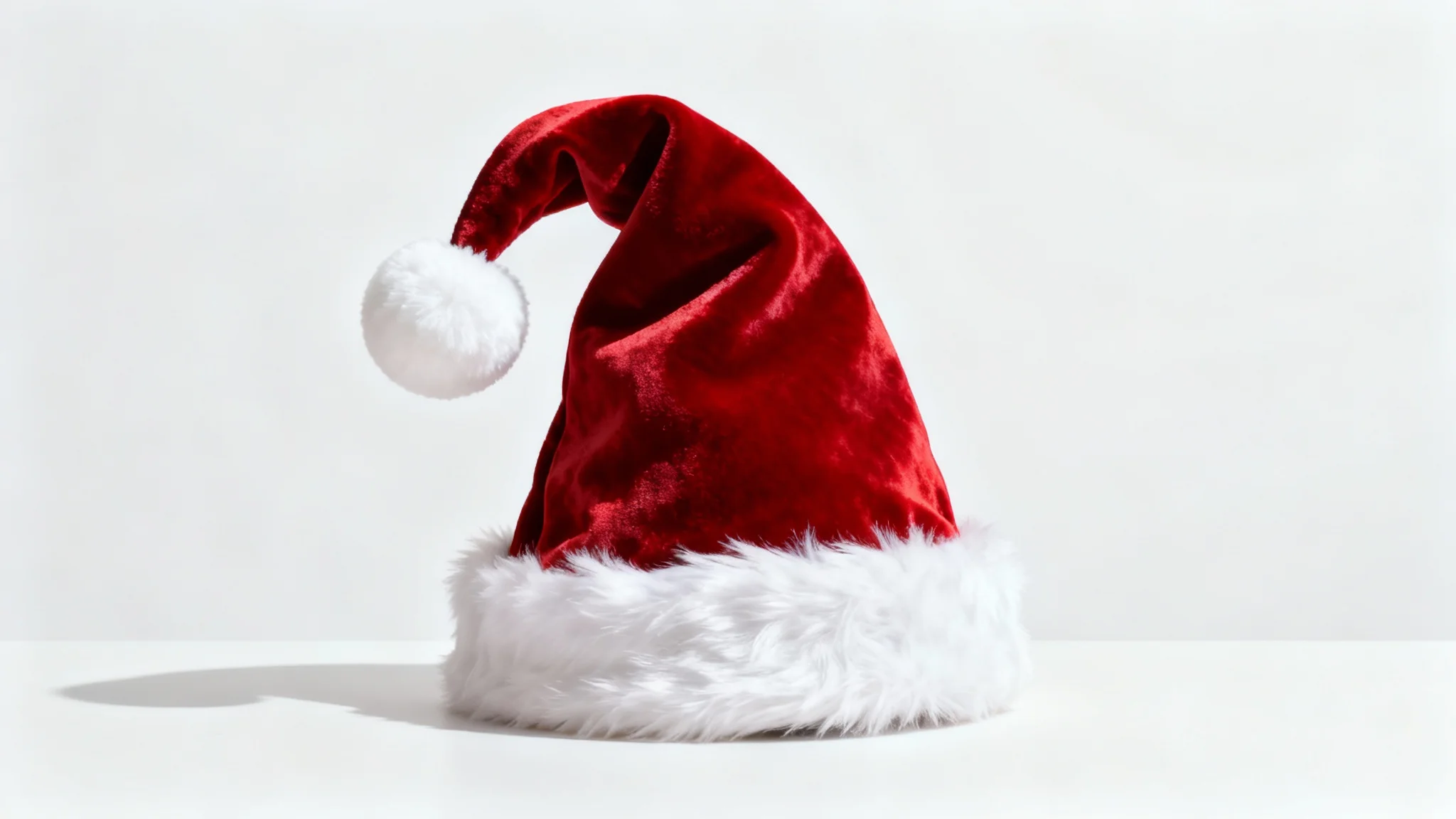 A classic red and white Christmas hat with plush velvet and a fluffy faux-fur trim, presented as a product mockup on a clean white background.