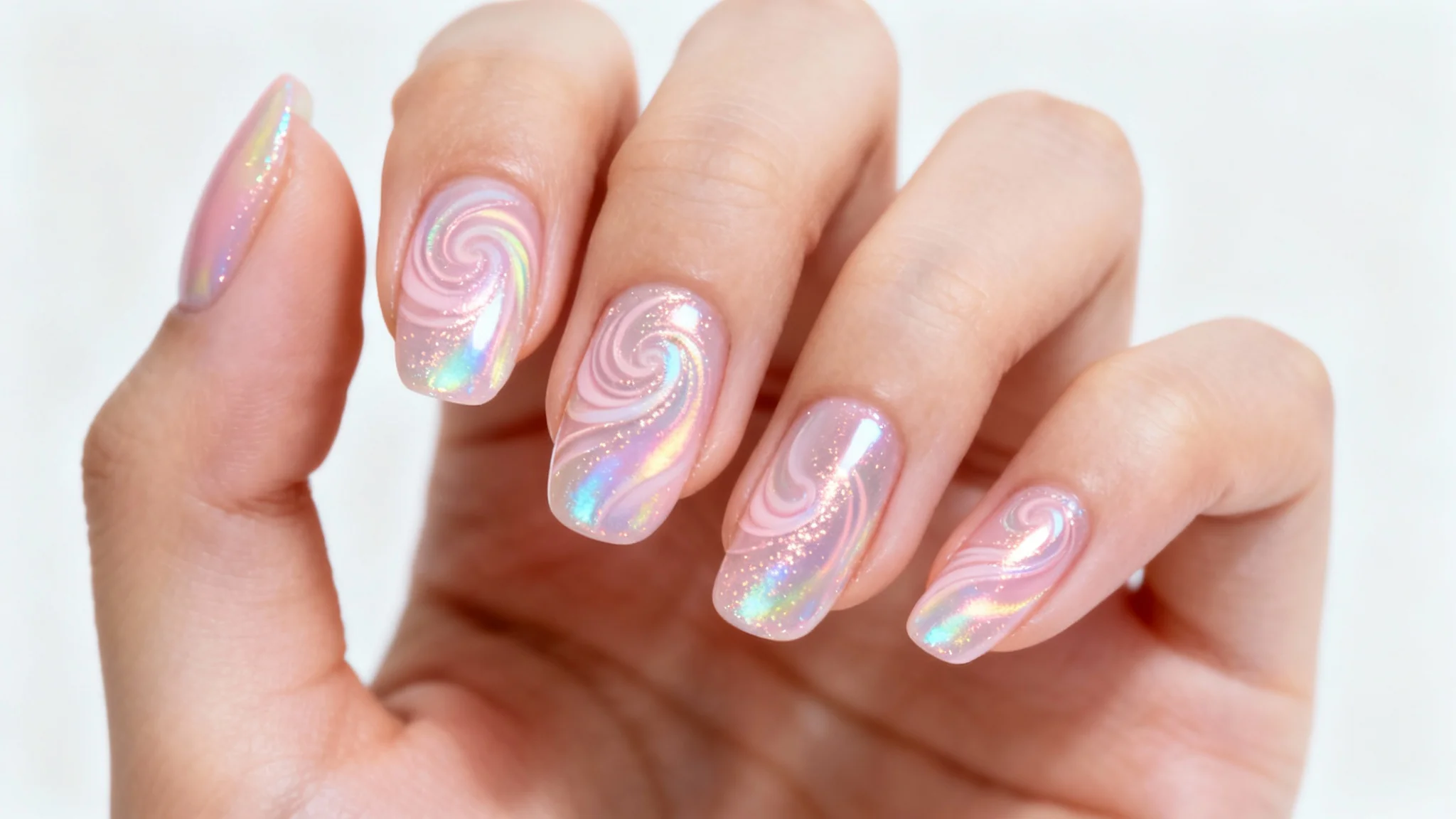 A close-up hero shot of a hand with flawless, intricate nail art featuring pastel swirls and a chrome finish, set against a clean white background.