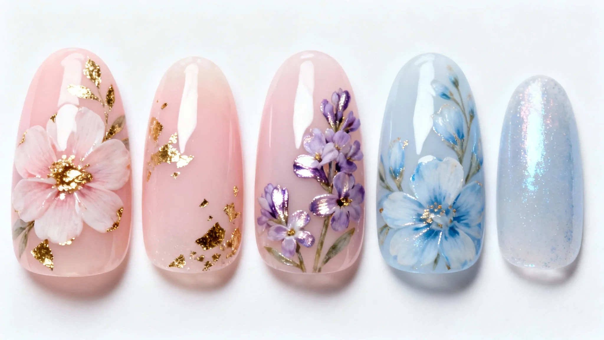 A close-up macro photograph of expertly done nail art, with each nail displaying a unique, delicate floral pattern in pastel colors against a clean white background.