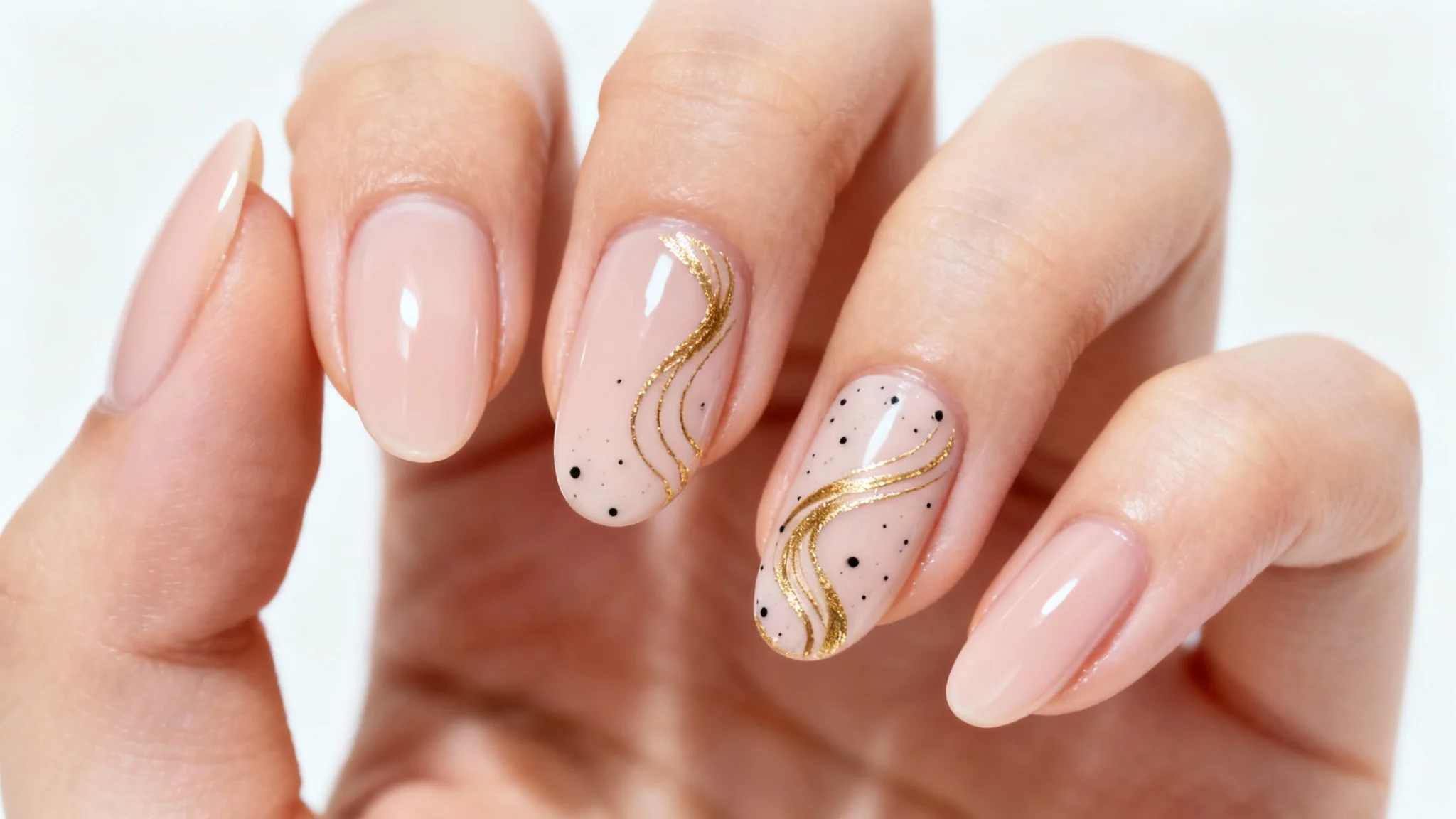 A close-up shot of a hand with professionally manicured almond-shaped nails. The nails have a nude polish with accent nails featuring a sophisticated design of gold foil and black specks, all against a clean white background.
