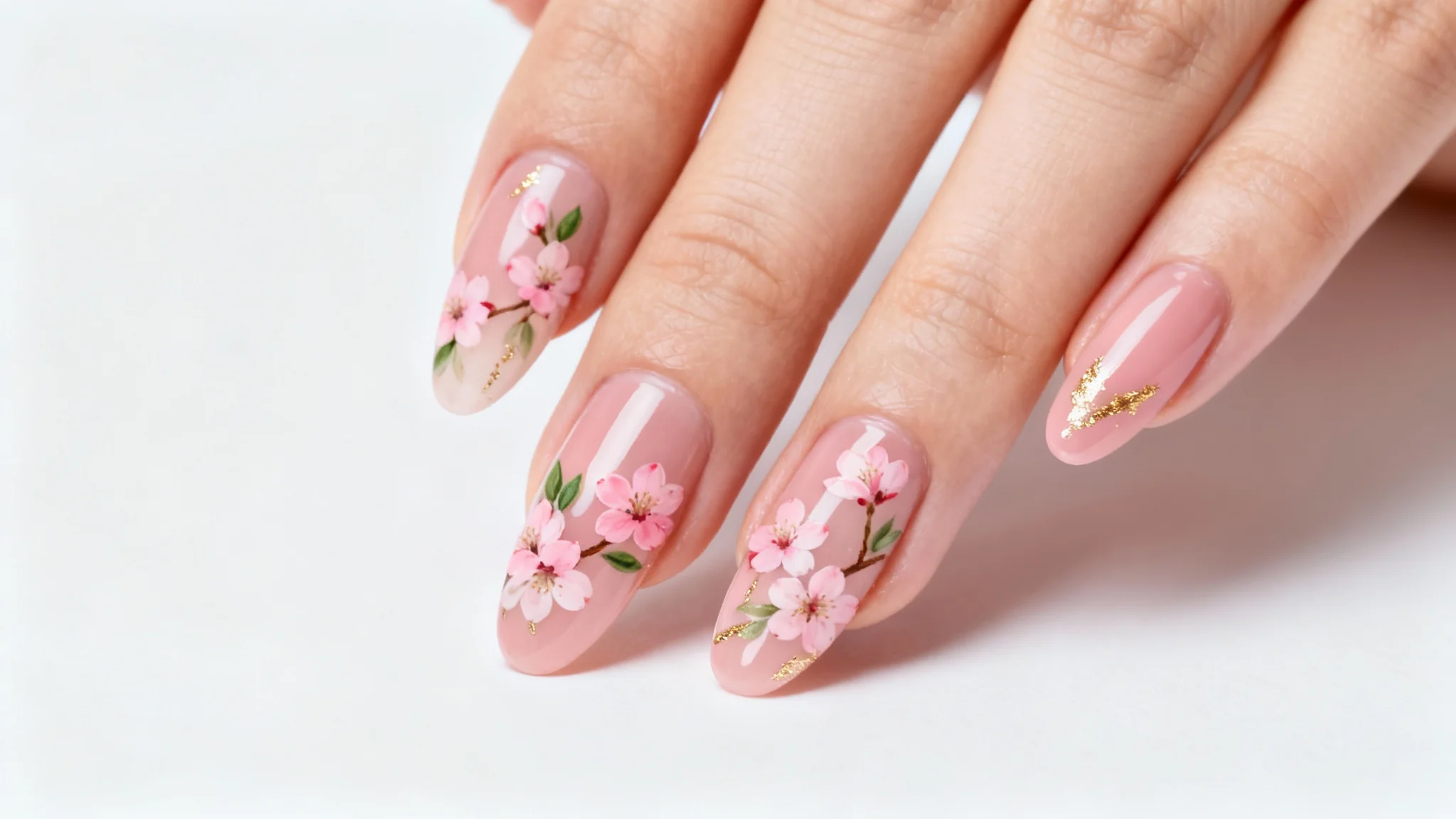 A close-up photorealistic image of a manicured hand with almond-shaped nails, showcasing intricate cherry blossom nail art against a clean white background.