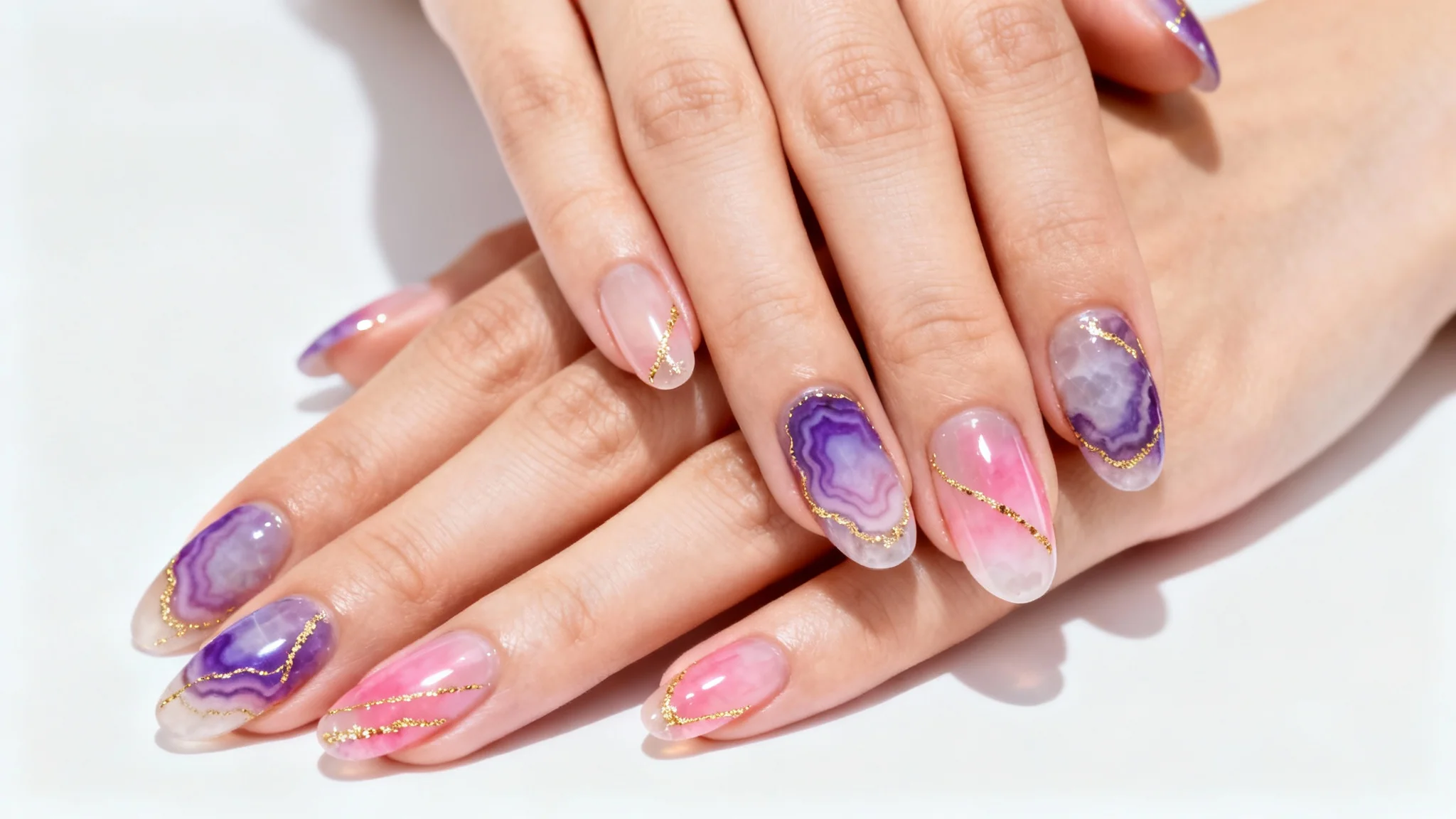 A detailed close-up of a pair of hands with professional, intricate nail art designed to look like amethyst and rose quartz geodes with gold accents, against a clean white background.