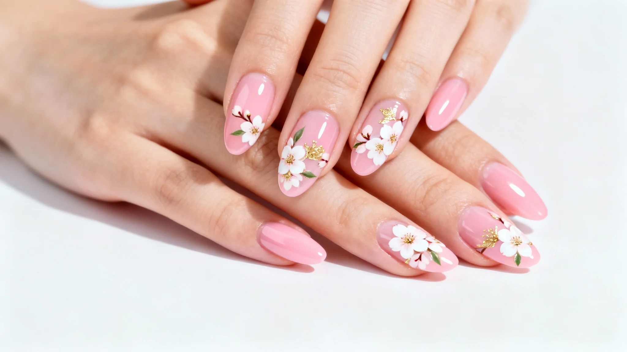 A close-up, hyper-realistic image of a hand with elegant almond-shaped nails featuring intricate cherry blossom nail art, set against a solid white background.