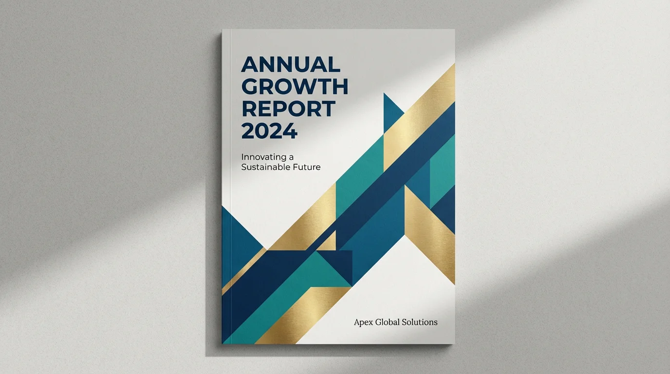 A professionally designed annual report cover for 'Annual Growth Report 2024', featuring modern abstract graphics in blue and teal, displayed on a clean surface.