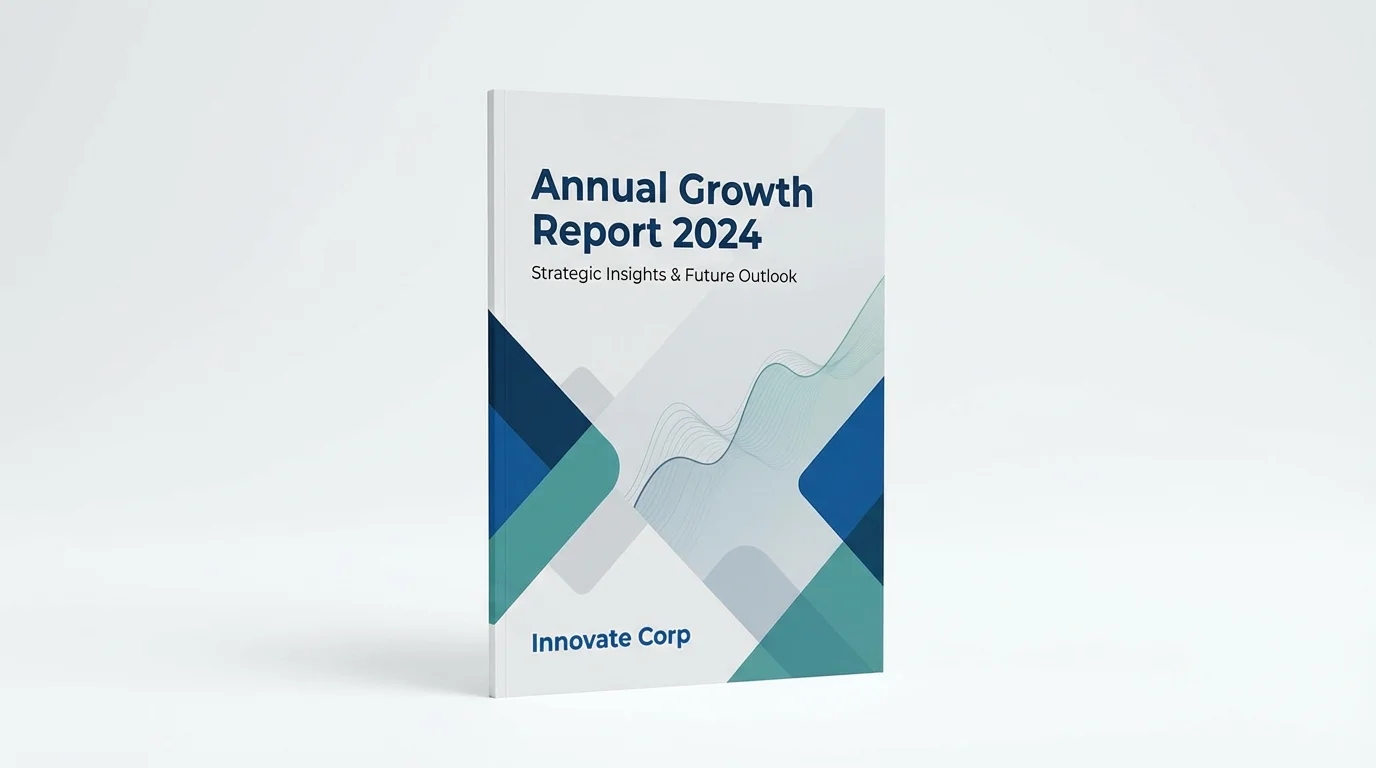 A professionally designed report cover mockup for 'Innovate Corp's' 'Annual Growth Report 2024', showcasing a modern design on a white background.