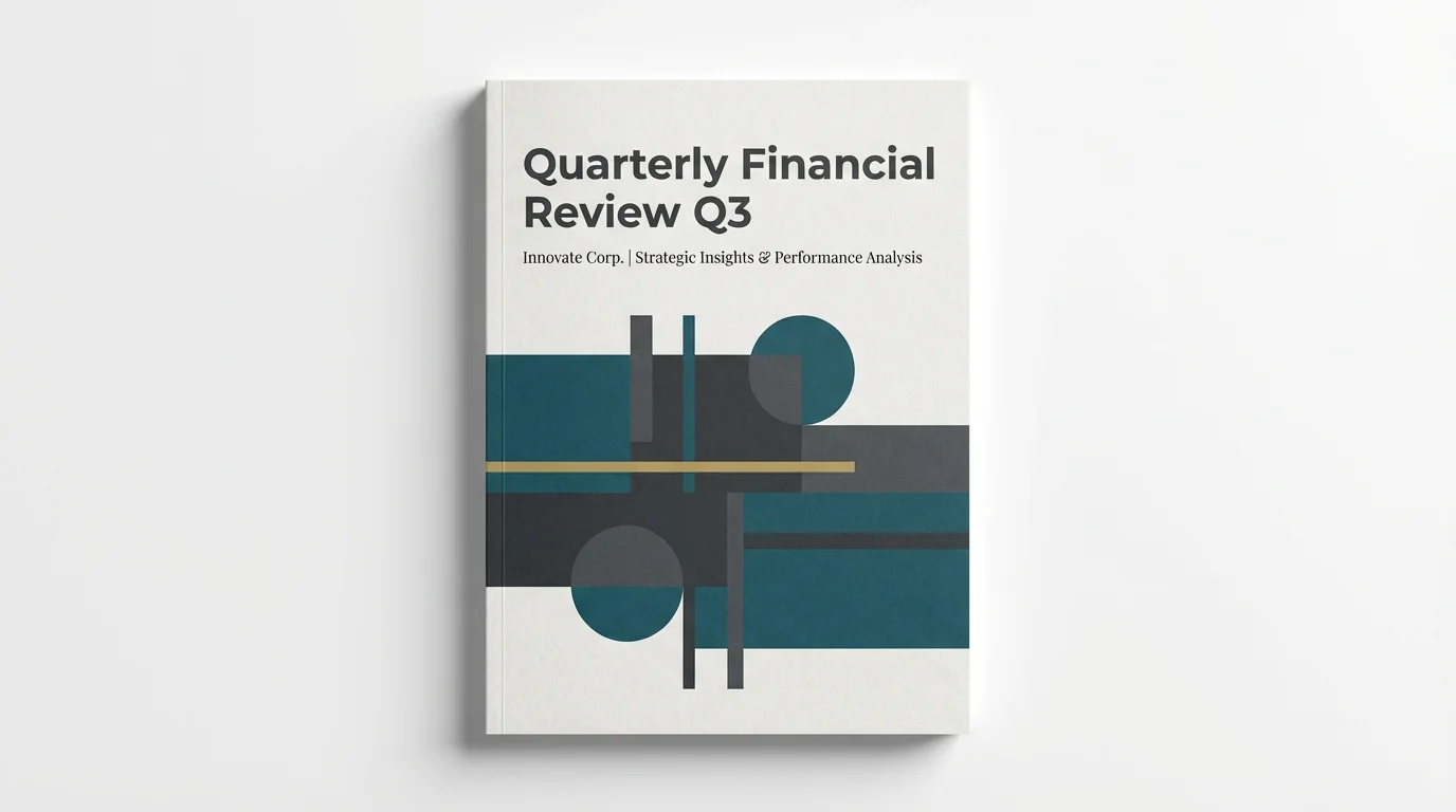 A mockup of a professional report cover for 'Innovate Corp.' titled 'Quarterly Financial Review Q3', featuring a modern, minimalist design on a white background.