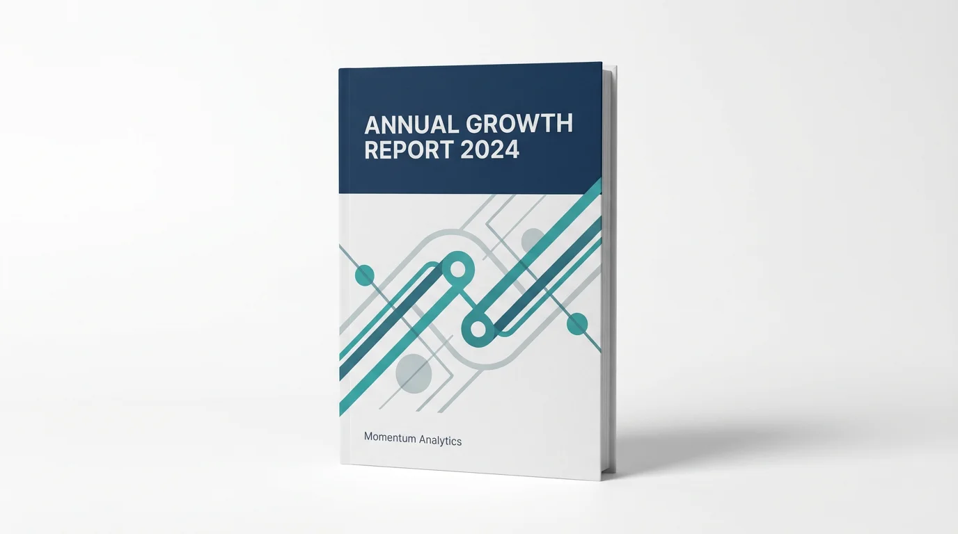 A professional mockup of an annual report cover for 'Momentum Analytics', featuring a modern design with a navy blue header and teal geometric graphics, set against a clean white background.