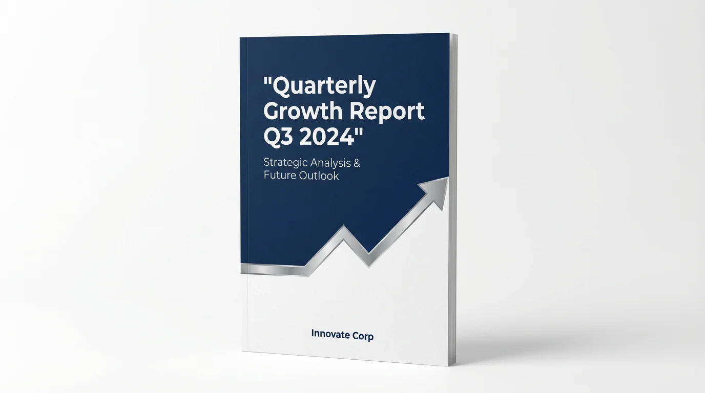 A professional mockup of a corporate report cover for 'Innovate Corp' titled 'Quarterly Growth Report Q3 2024'. The design is minimalist with a navy blue and white color scheme, shown standing on a white background.