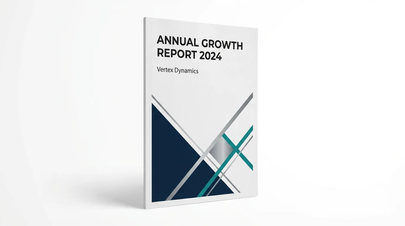 A photorealistic mockup of a professional report cover titled 'Annual Growth Report 2024' for 'Vertex Dynamics', featuring a modern, minimalist design with blue and silver geometric graphics, standing on a clean white background.