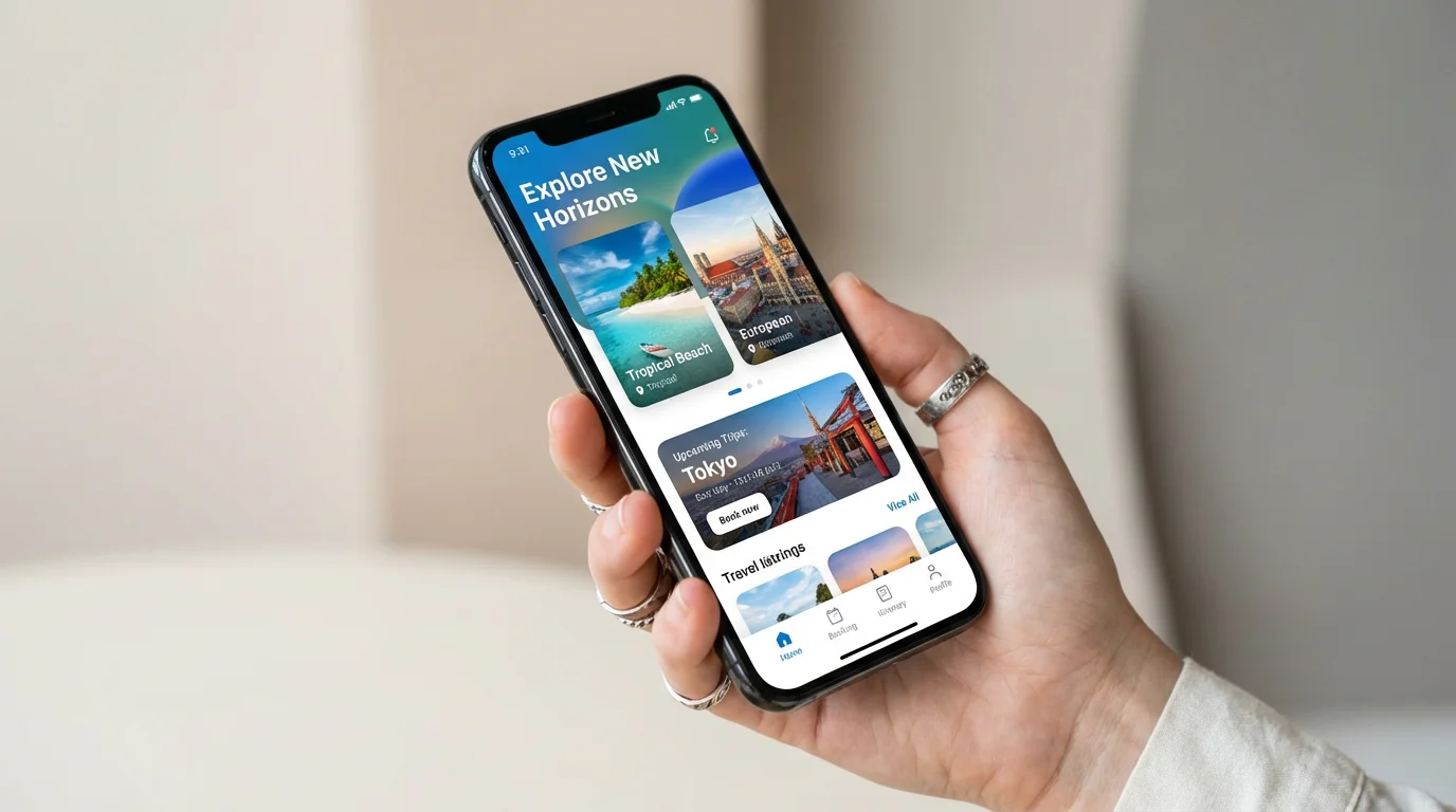 A high-quality mockup image showing a hand holding a smartphone with a colorful and well-designed travel app displayed on the screen.
