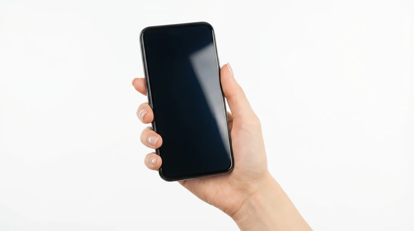 A person's hand holding a modern black smartphone with a blank screen against a pure white background, designed for use as a mockup.