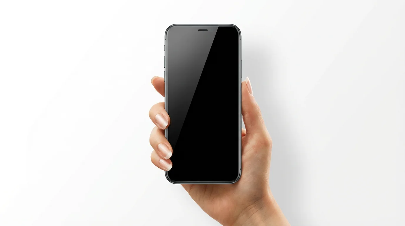 A close-up of a well-manicured hand holding a modern, dark grey smartphone with a blank screen against a clean white background. A mockup image.