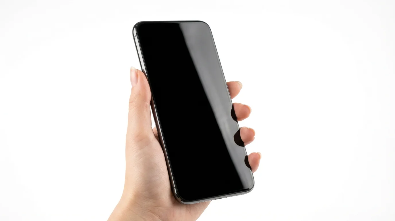 A photorealistic image of a person's hand holding a modern smartphone with a blank screen against a solid white background, designed as a product mockup.