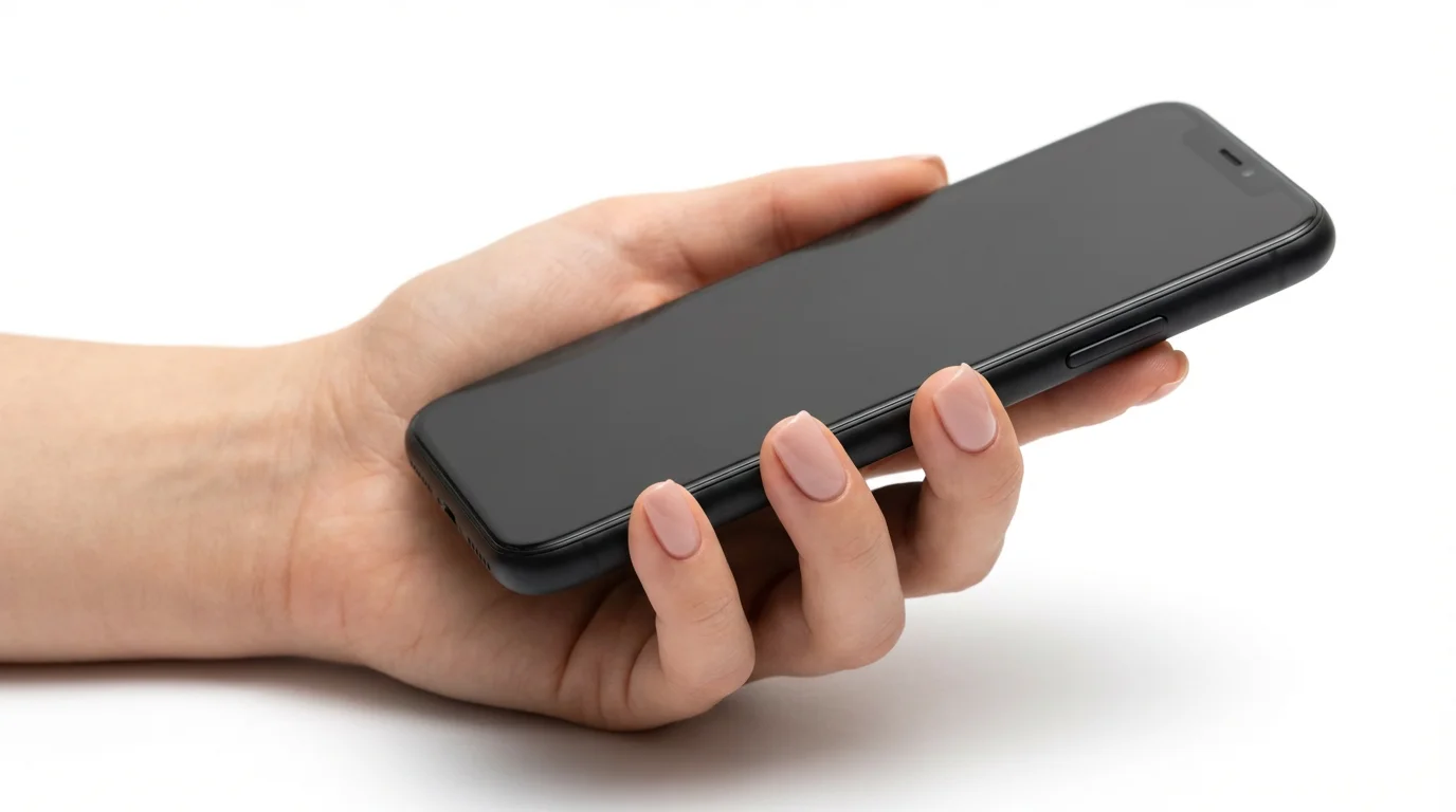 A close-up, photorealistic image of a woman's hand holding a modern black smartphone with a blank screen, set against a pristine white background.