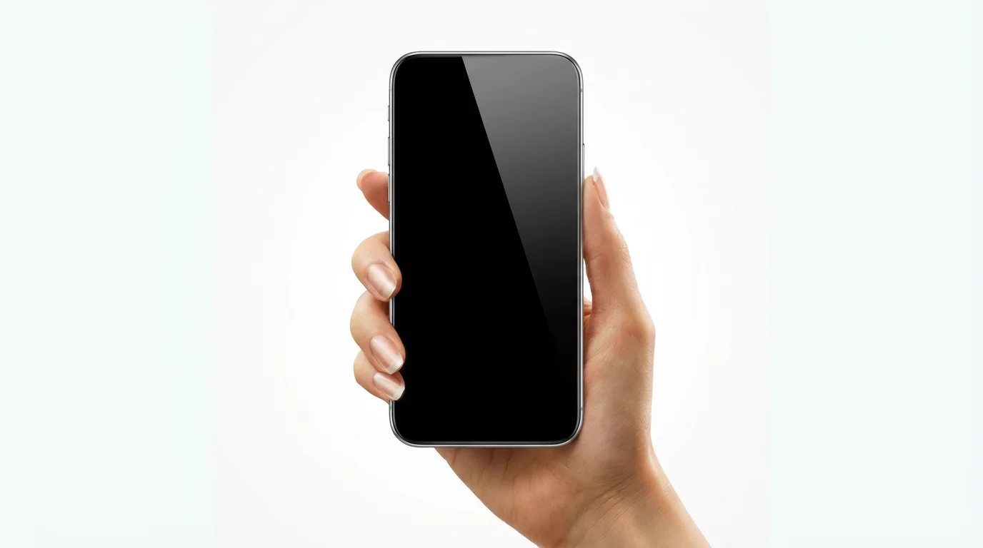 A photorealistic mockup of a hand holding a modern smartphone with a blank screen against a solid white background, ready for design placement.