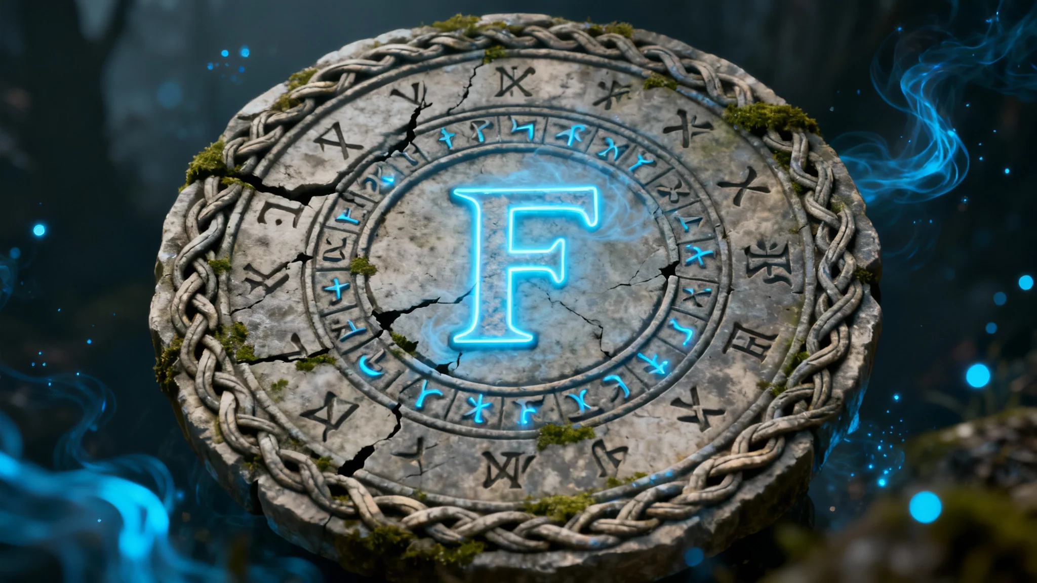 A photorealistic close-up of a circular stone rune emblem. A central rune and surrounding smaller runes glow with a mystical blue light against a dark, moody background, suggesting magical activation.