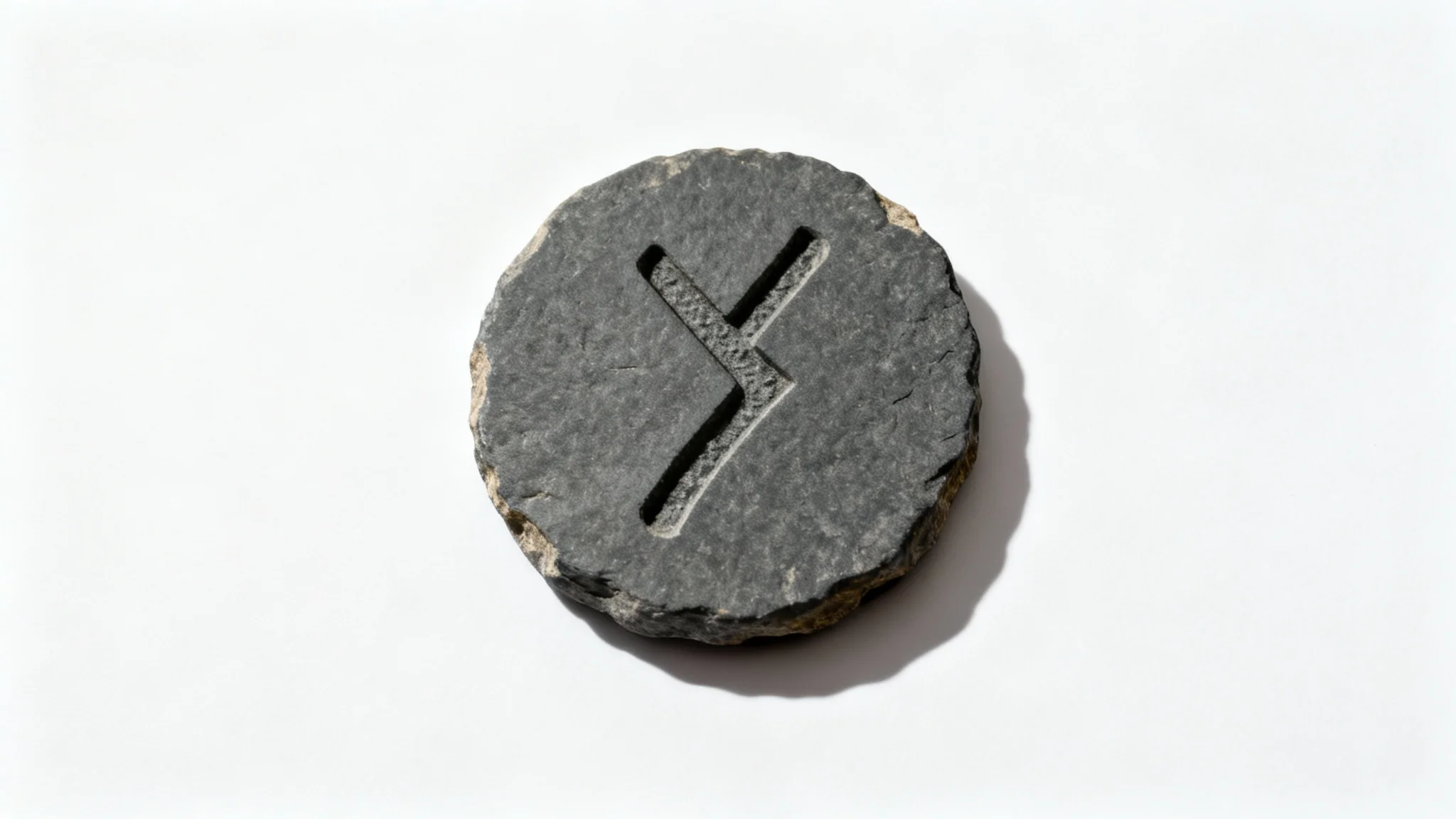A photorealistic image of a single ancient rune carved into a flat, dark grey stone, isolated on a clean white background.