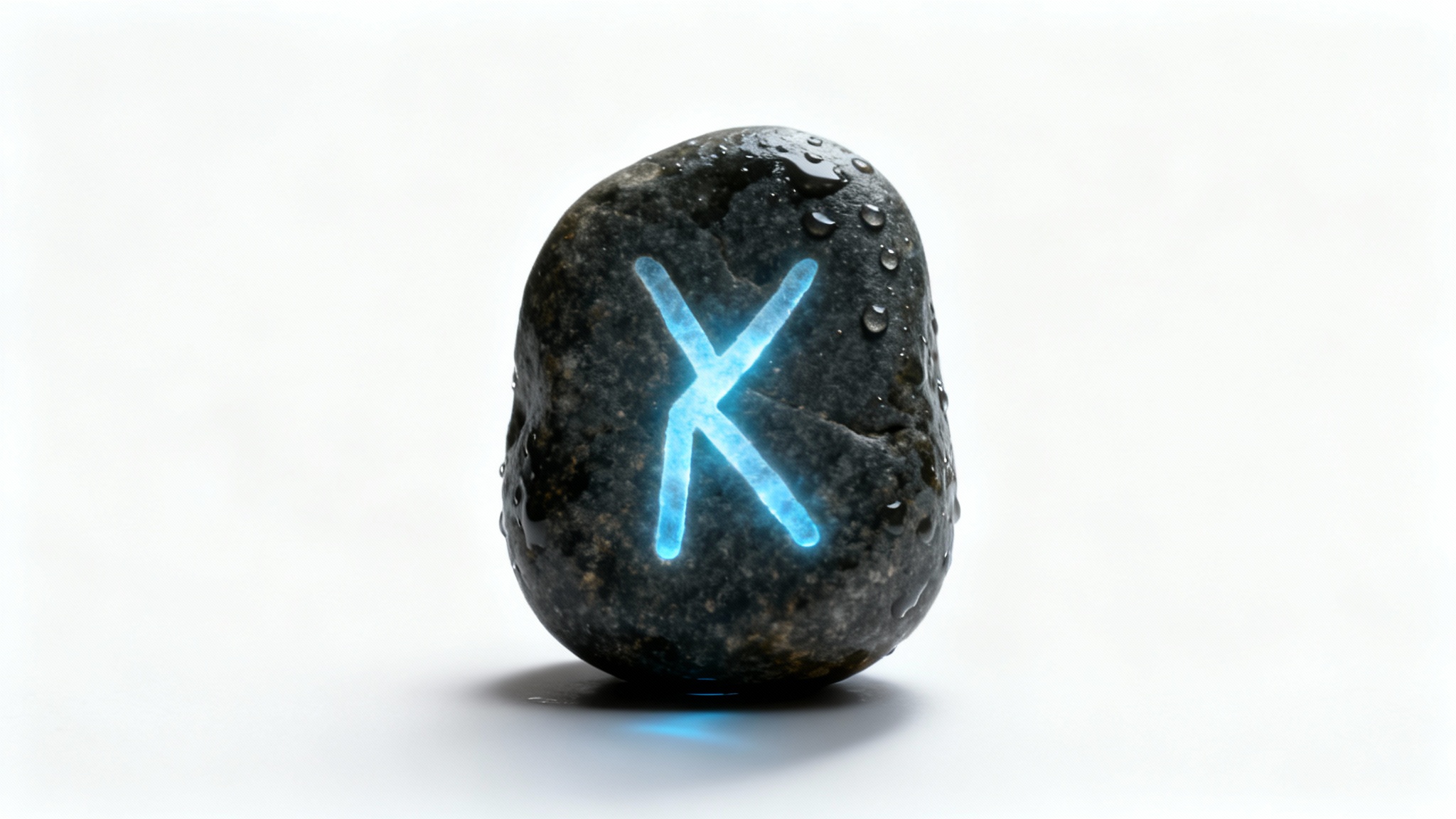 A photorealistic image of a single, ancient Norse rune carved into a dark, weathered stone, glowing with a faint blue light, isolated on a white background.